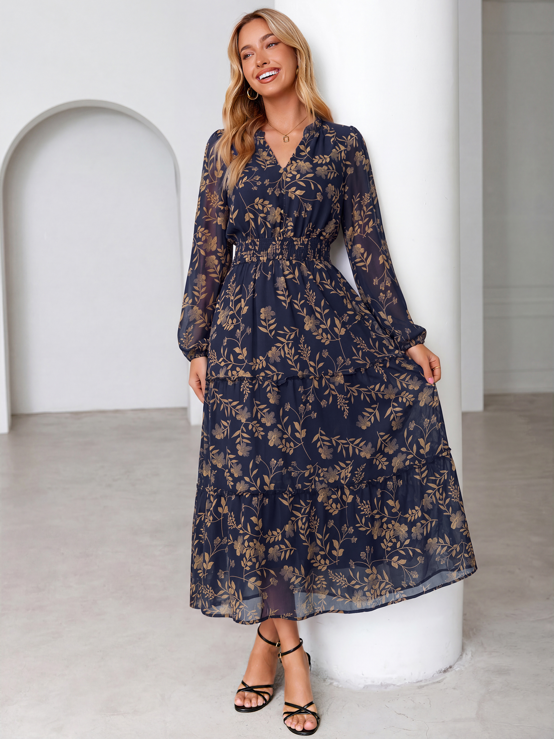 Floral Chiffon Button V Neck Tiered Maxi Dress