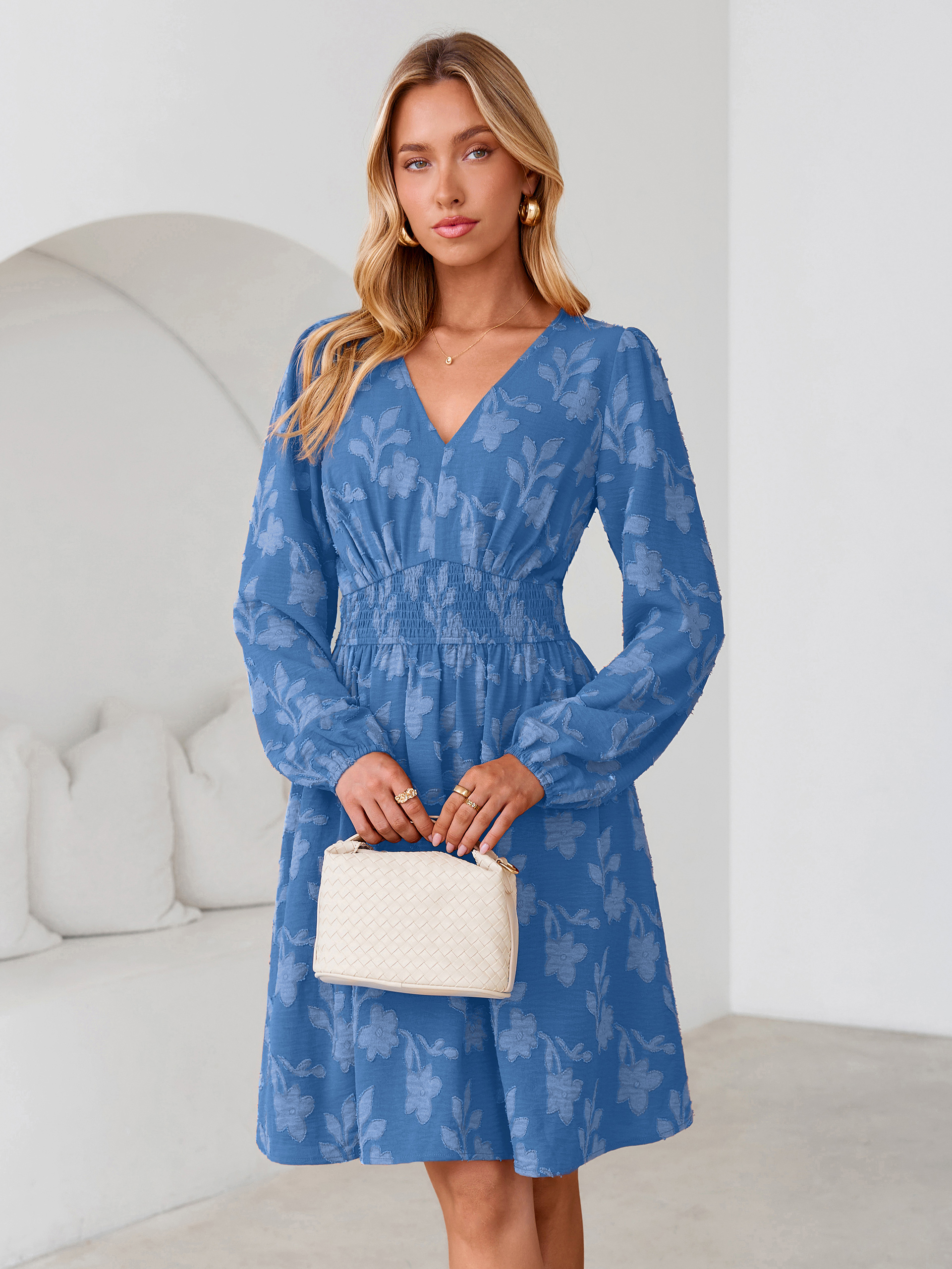 Burnout Floral Smocked V Neck Mini Dress