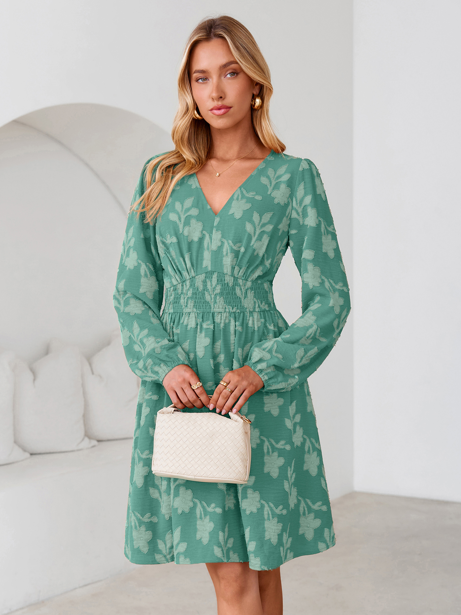 Burnout Floral Smocked V Neck Mini Dress