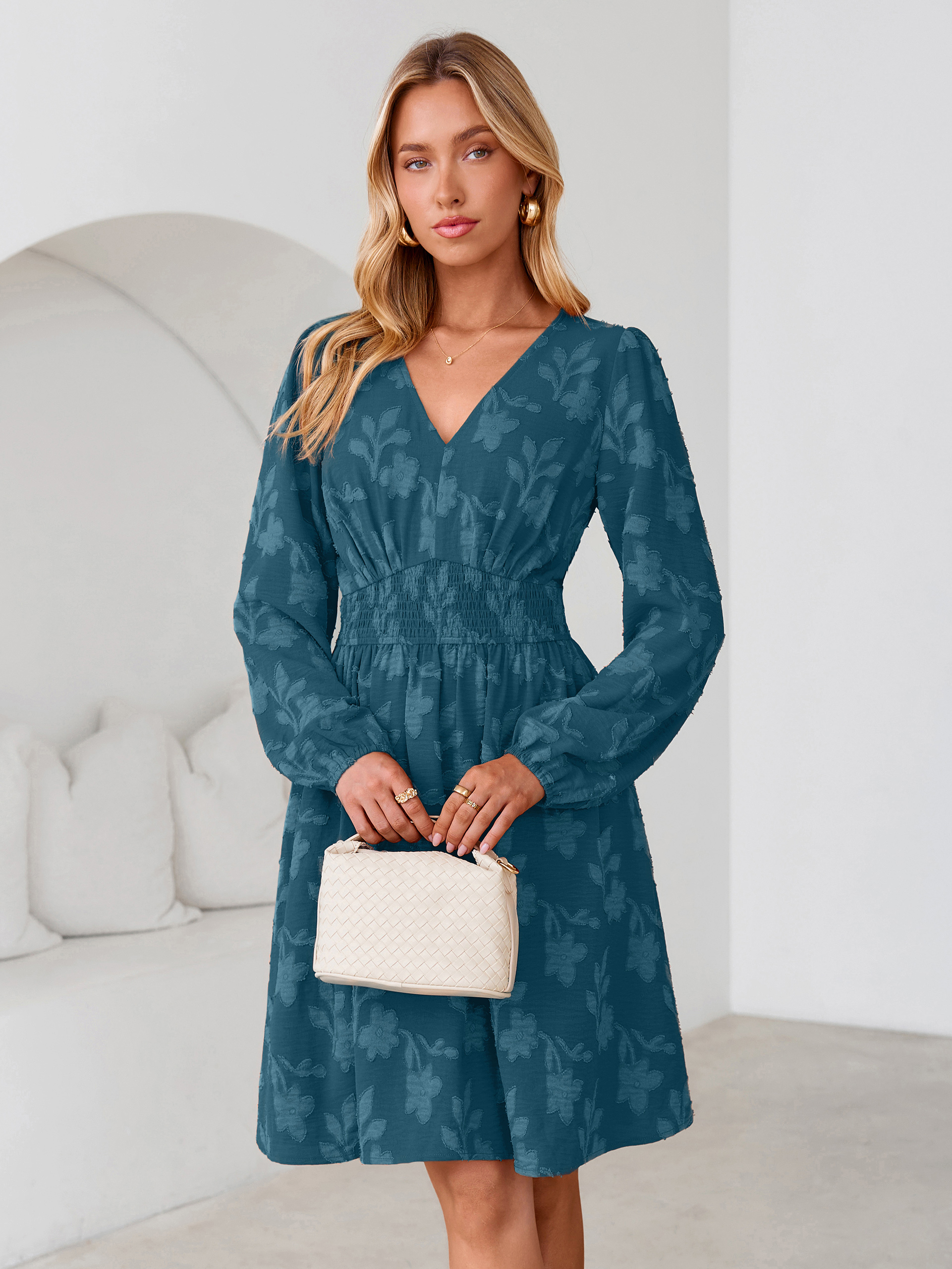 Burnout Floral Smocked V Neck Mini Dress
