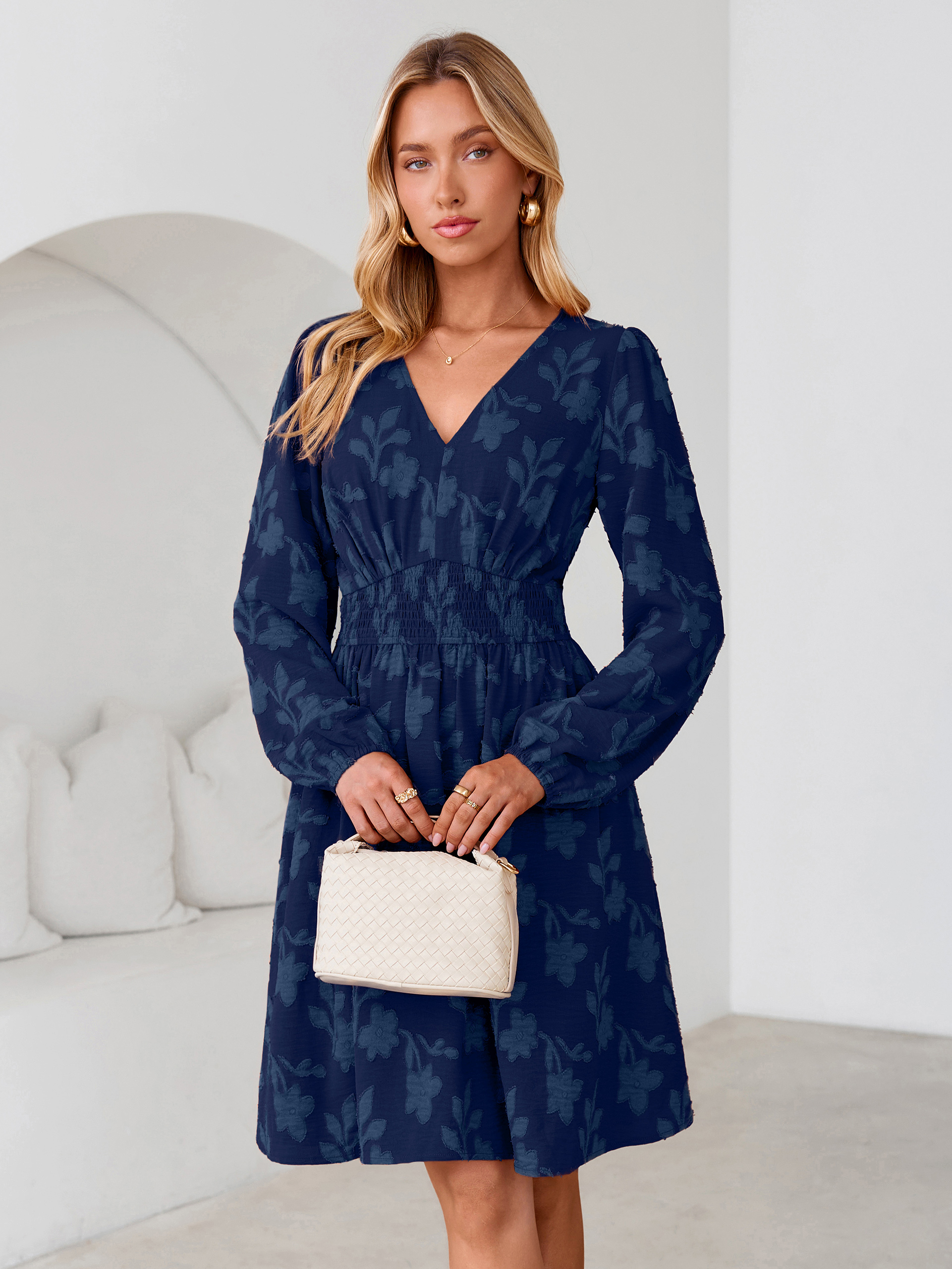 Burnout Floral Smocked V Neck Mini Dress