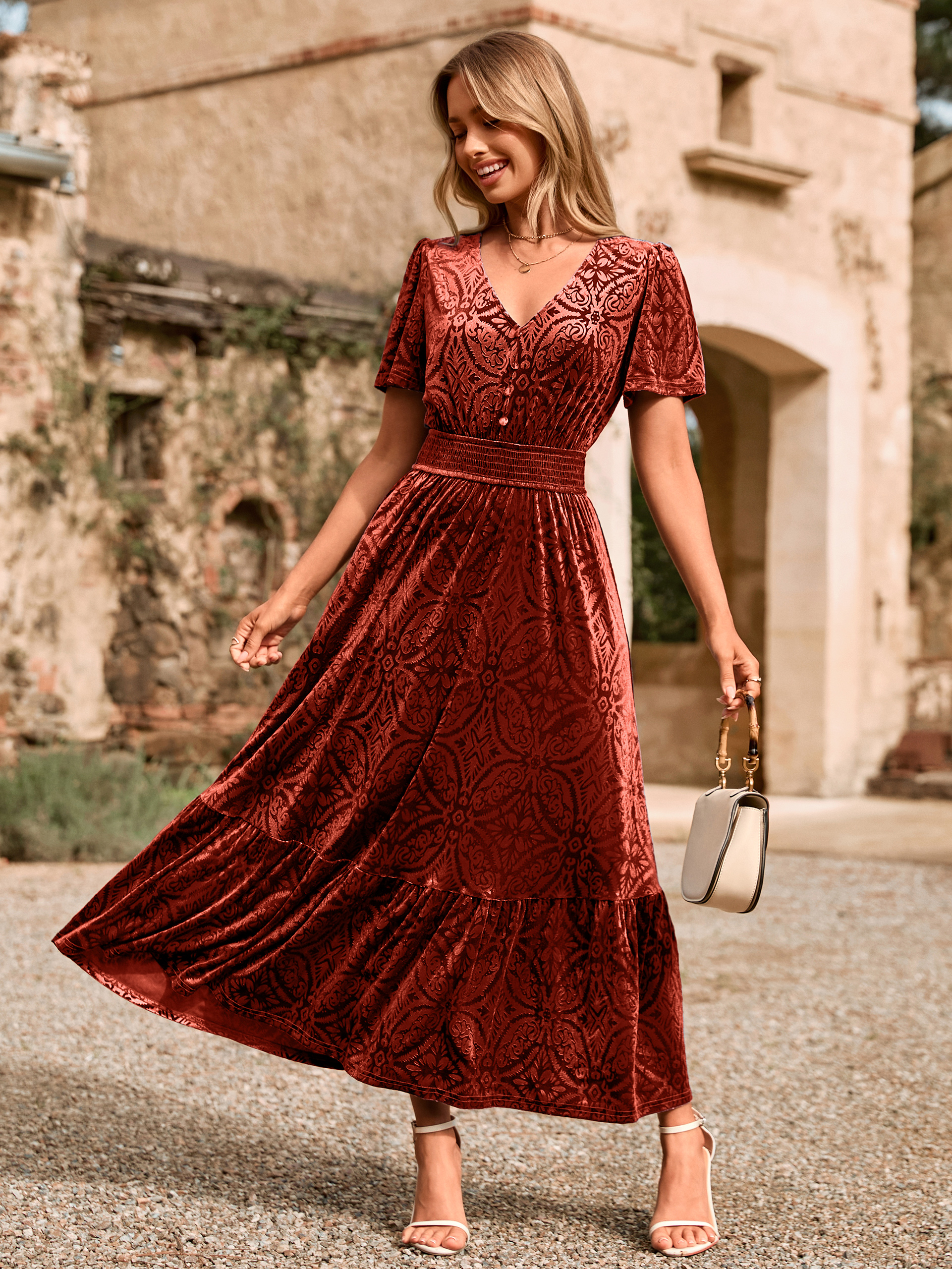 Velvet Floral V Neck Wedding Guest Maxi Dress - Rust Red