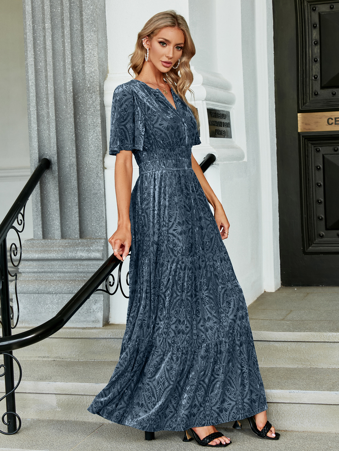Velvet Print V-Neck Empire Tiered Ruffle Maxi Dress