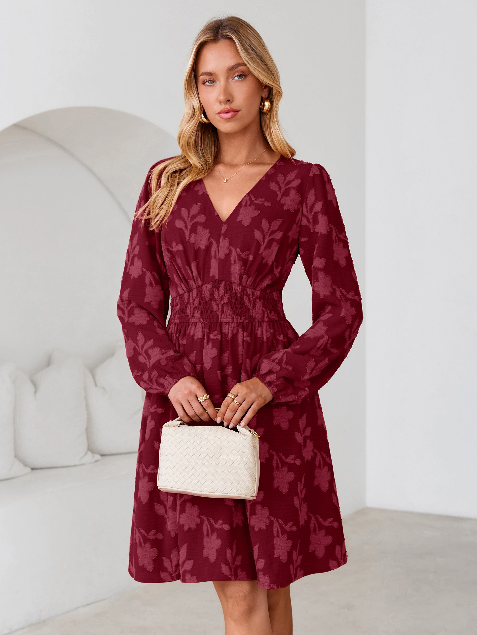 Burnout Floral Smocked V Neck Mini Dress