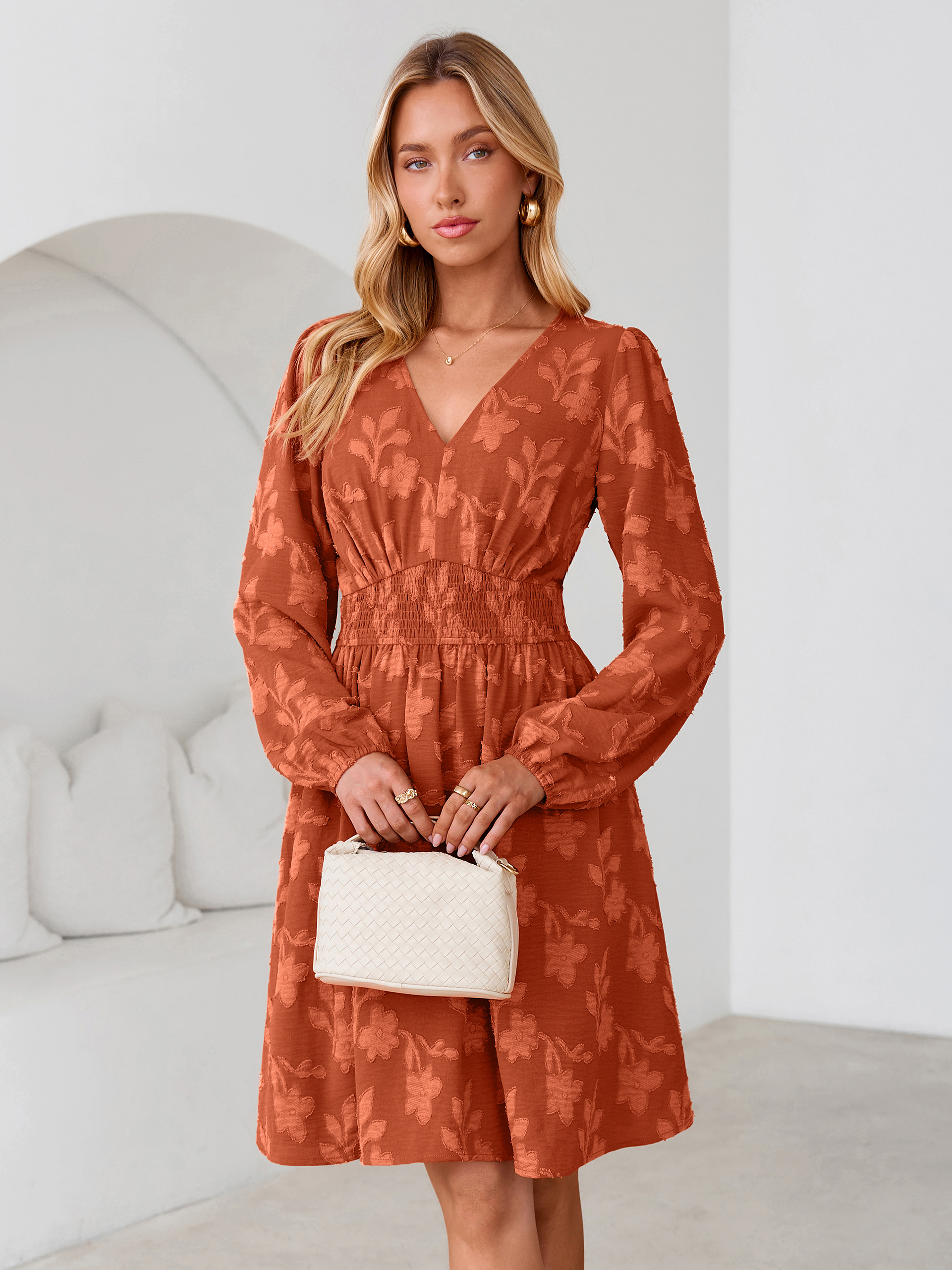 Burnout Floral Smocked V Neck Mini Dress