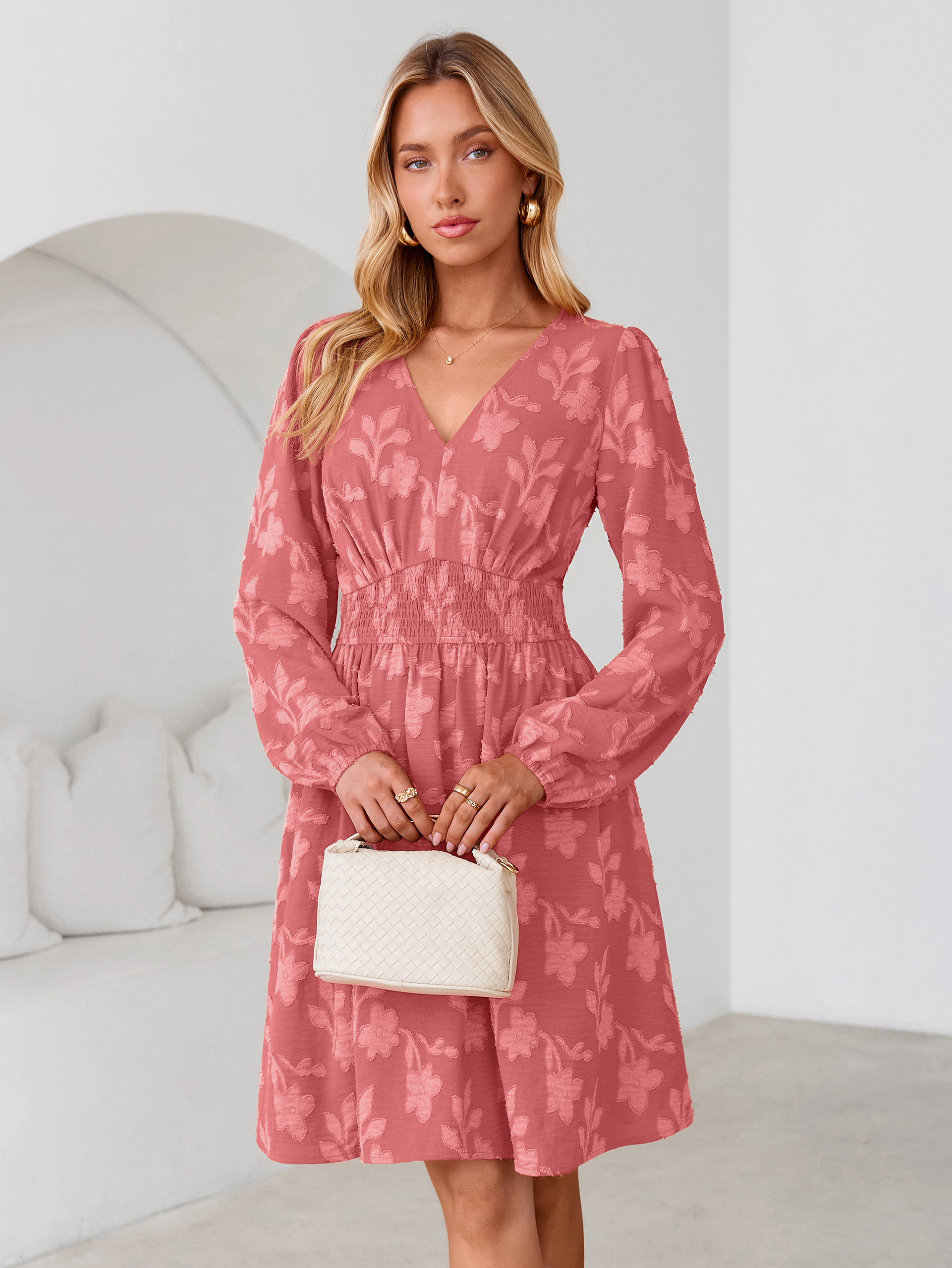 Burnout Floral Smocked V Neck Mini Dress