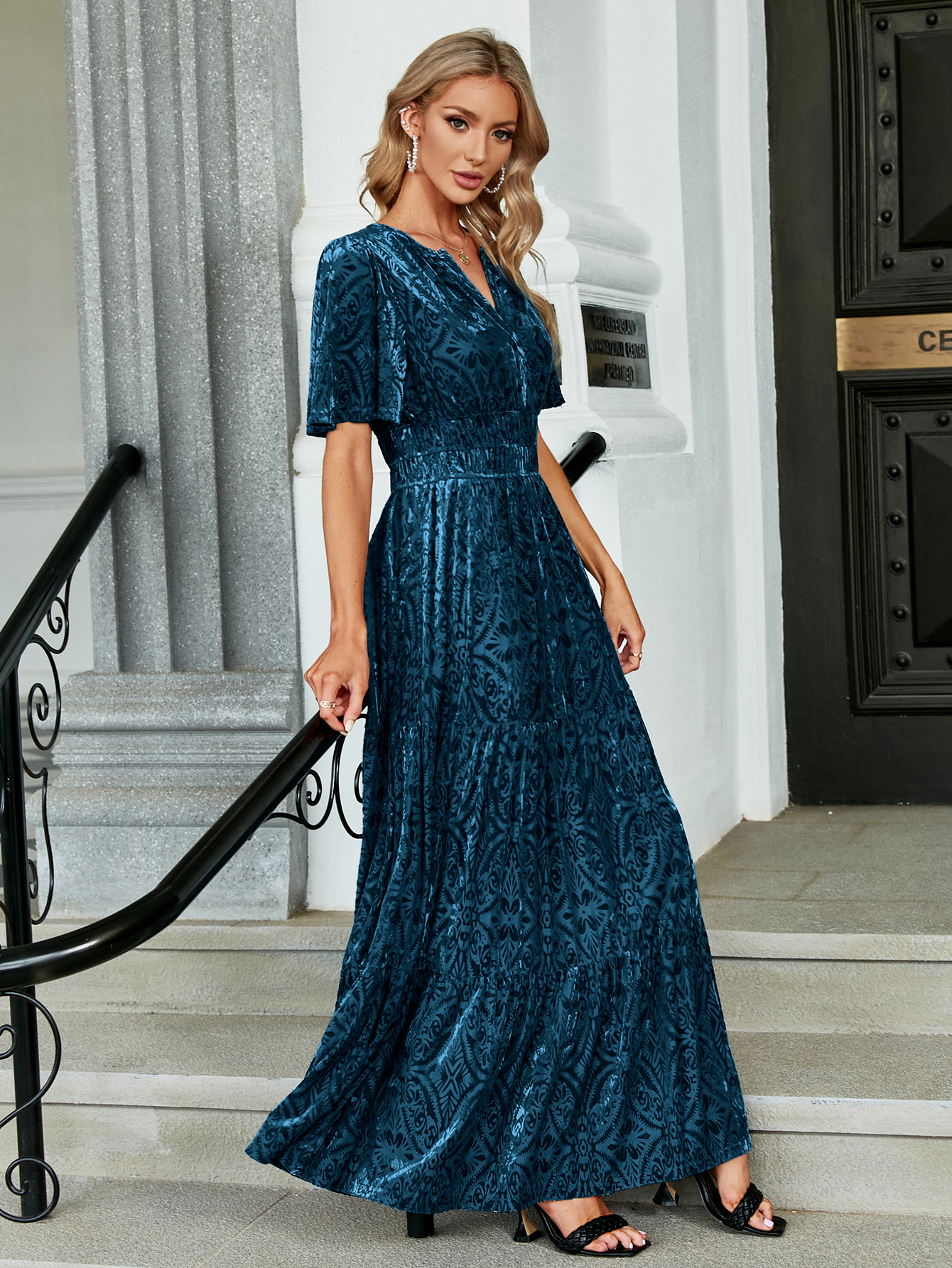 Velvet Print V-Neck Empire Tiered Ruffle Maxi Dress
