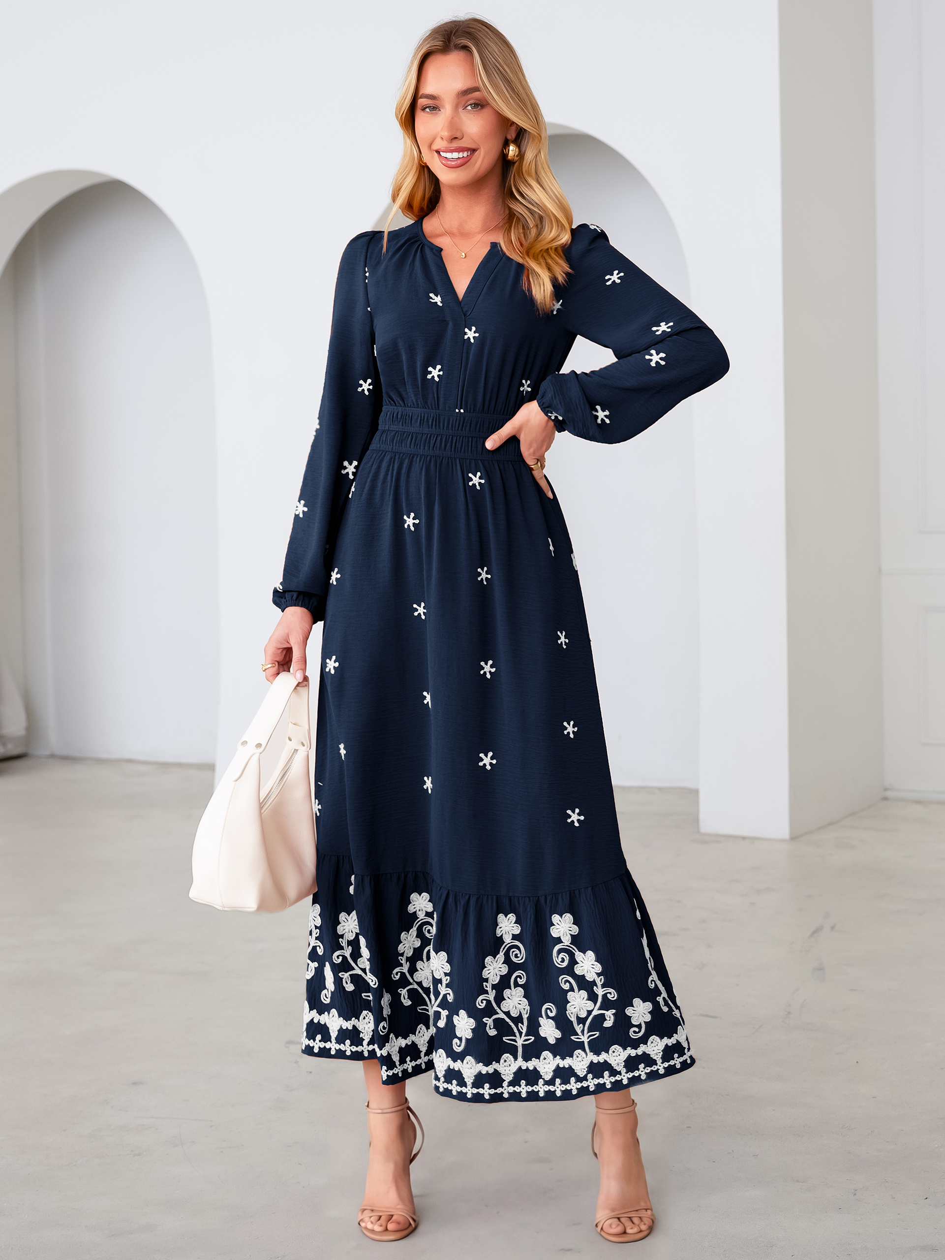 Boho Floral Embroidered Long Sleeve Maxi Dress - Navy Blue