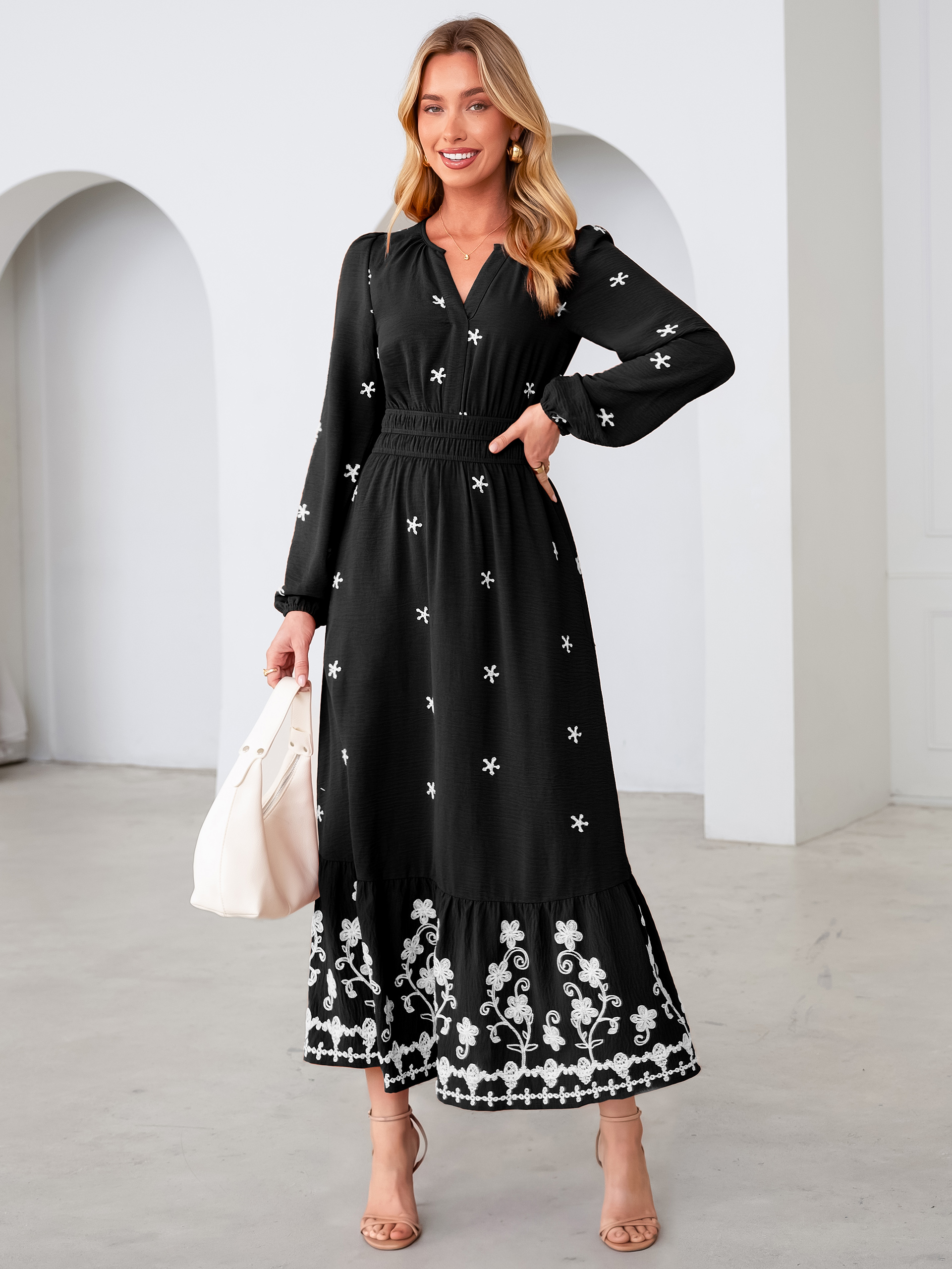Boho Floral Embroidered Long Sleeve Maxi Dress - Black