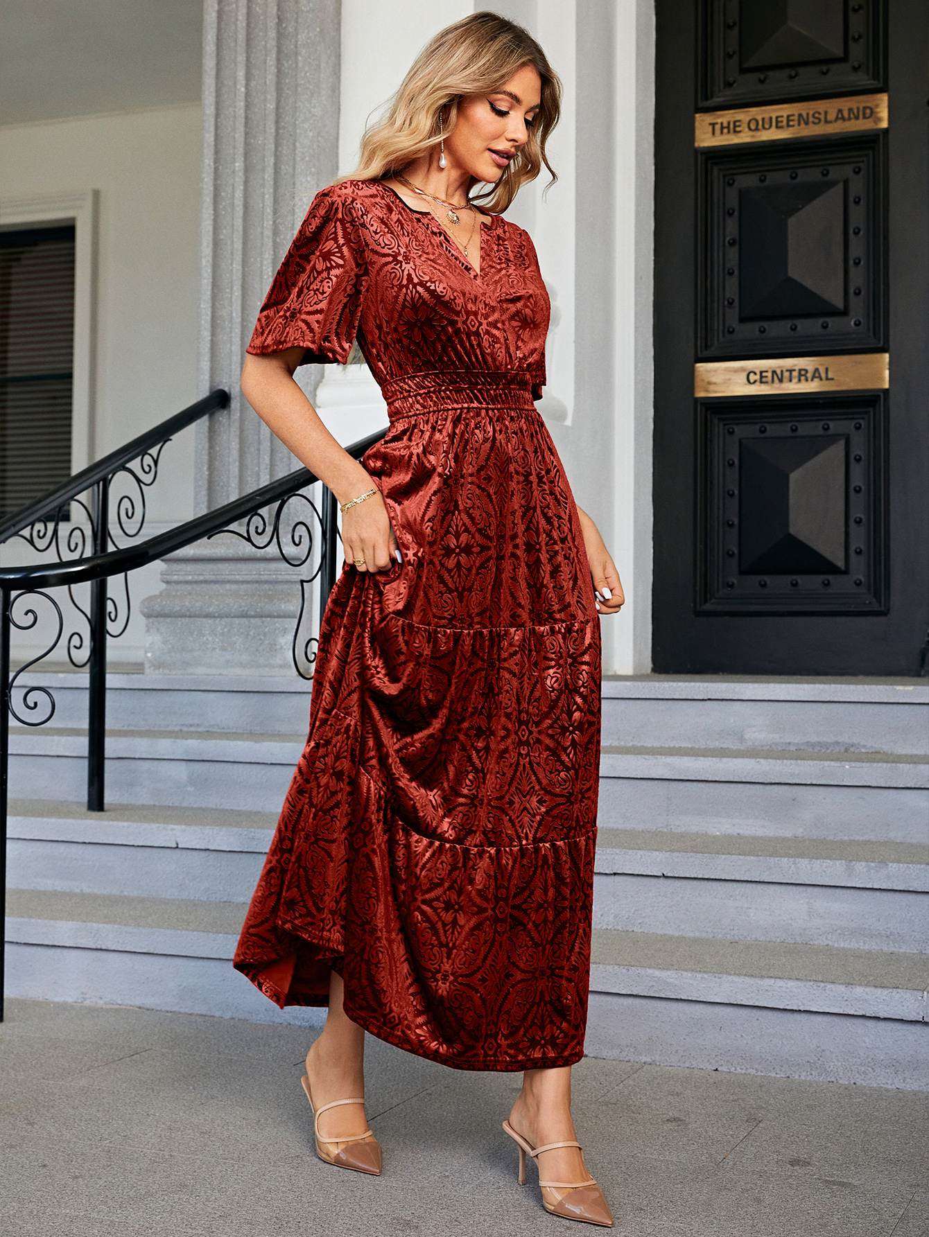 Velvet Print V-Neck Empire Tiered Ruffle Maxi Dress