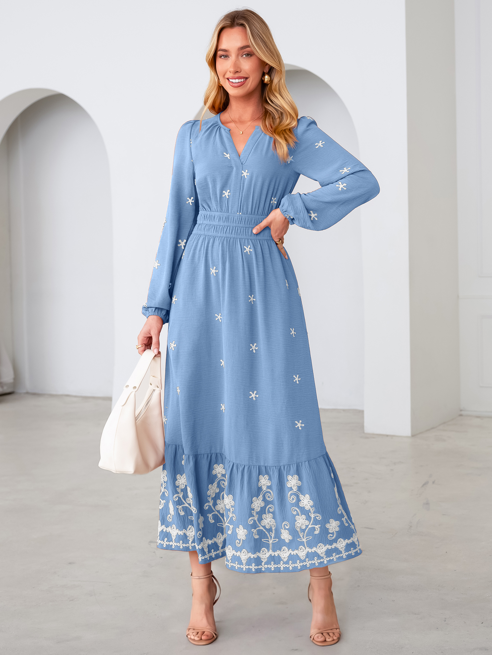 Boho Floral Embroidered Long Sleeve Maxi Dress - Grey Blue