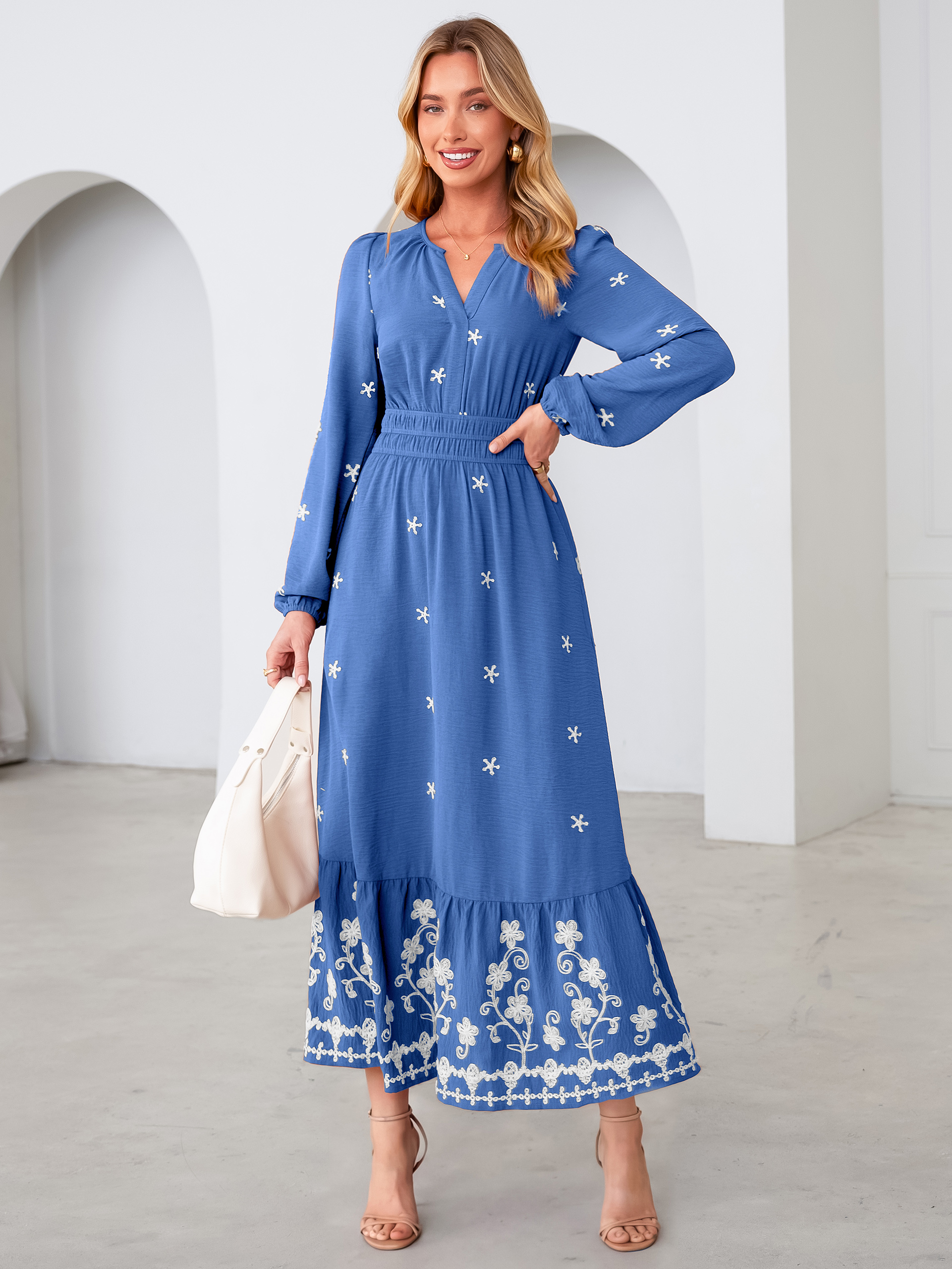 Boho Floral Embroidered Long Sleeve Maxi Dress - Blue