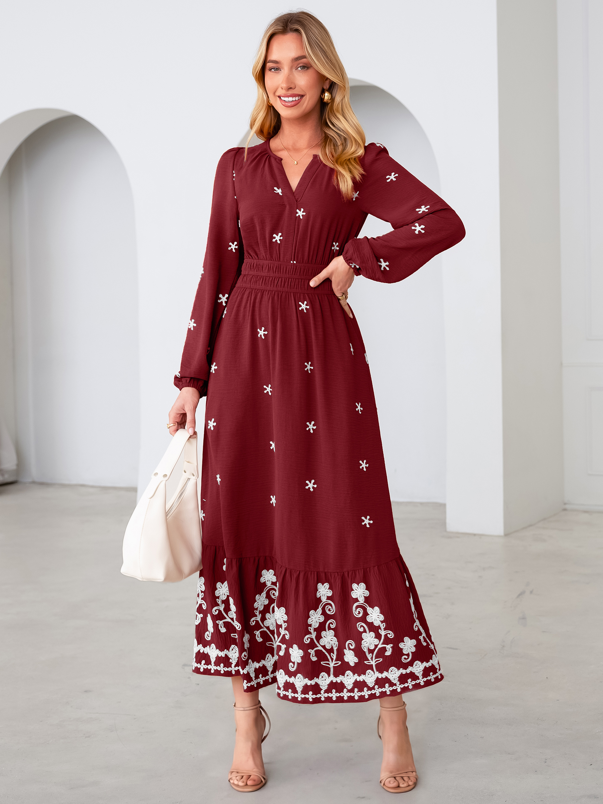 Boho Floral Embroidered Long Sleeve Maxi Dress - Burgundy