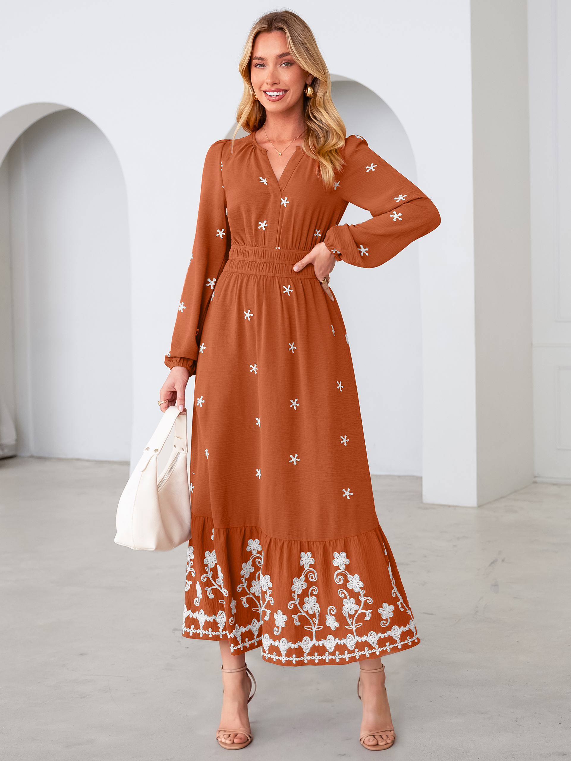 Boho Floral Embroidered Long Sleeve Maxi Dress - Burnt Orange