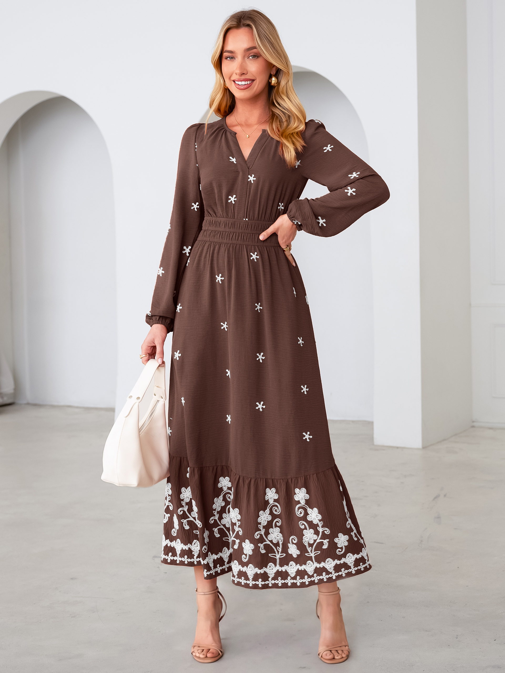 Boho Floral Embroidered Long Sleeve Maxi Dress - Coffee