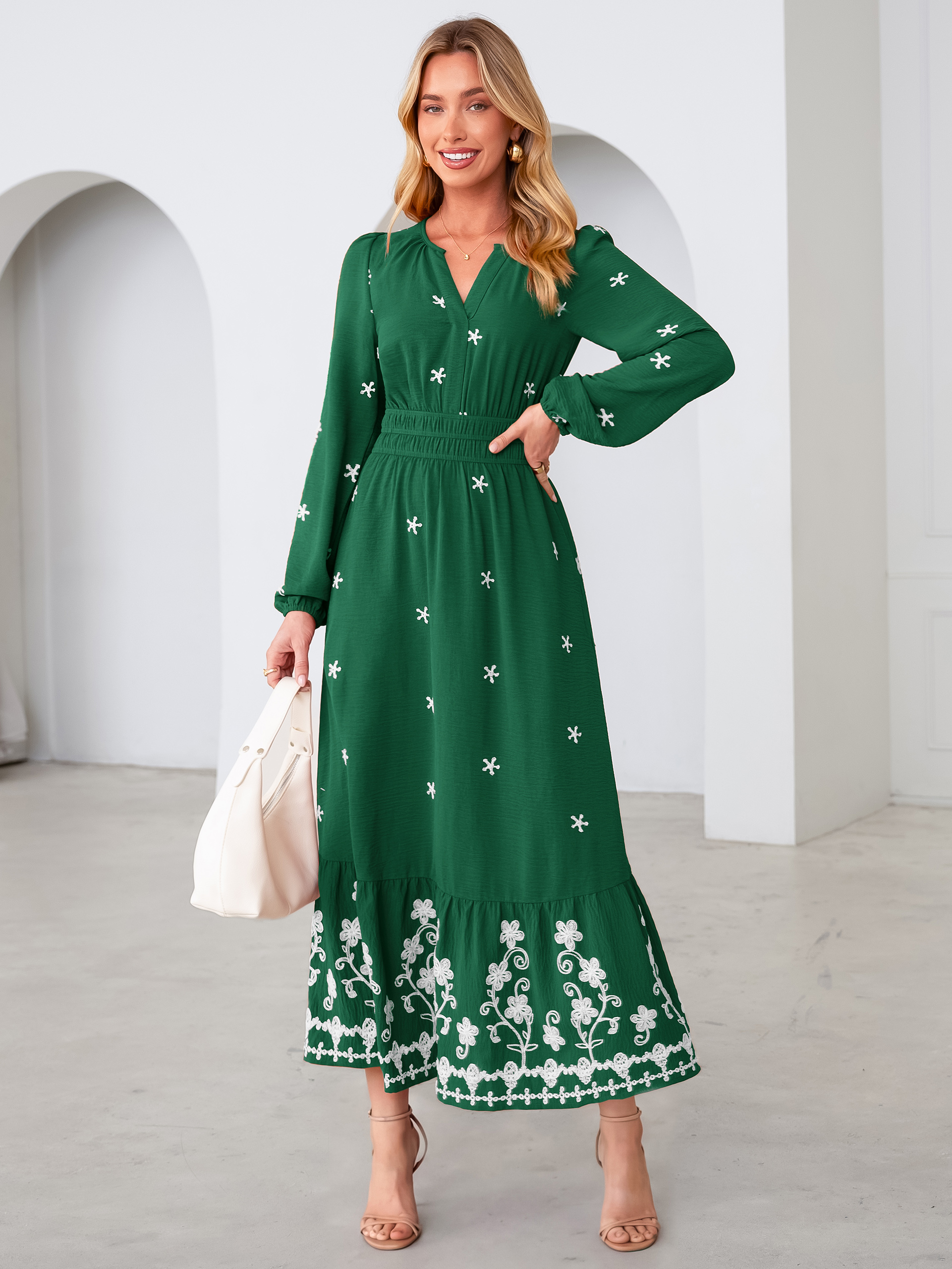 Boho Floral Embroidered Long Sleeve Maxi Dress - Dark Green