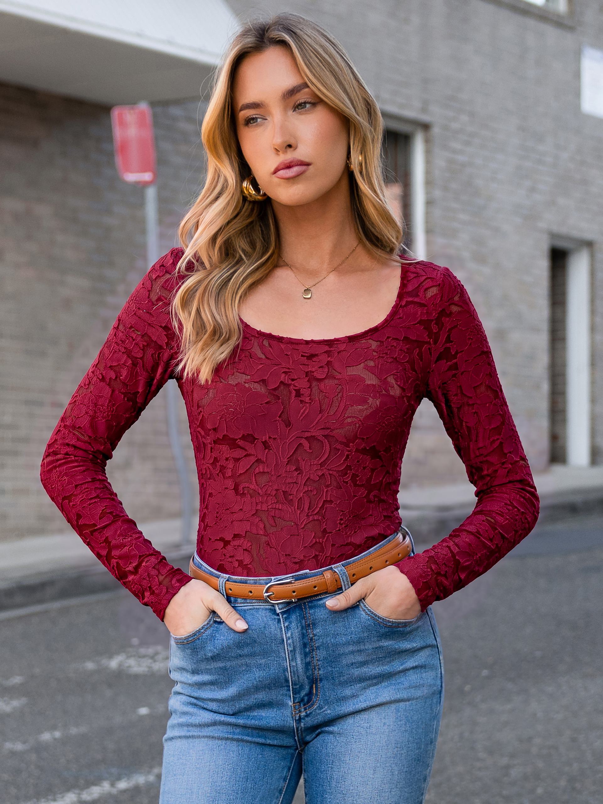 Sheer Scoop Neck Floral Burnout Lace Mesh Top