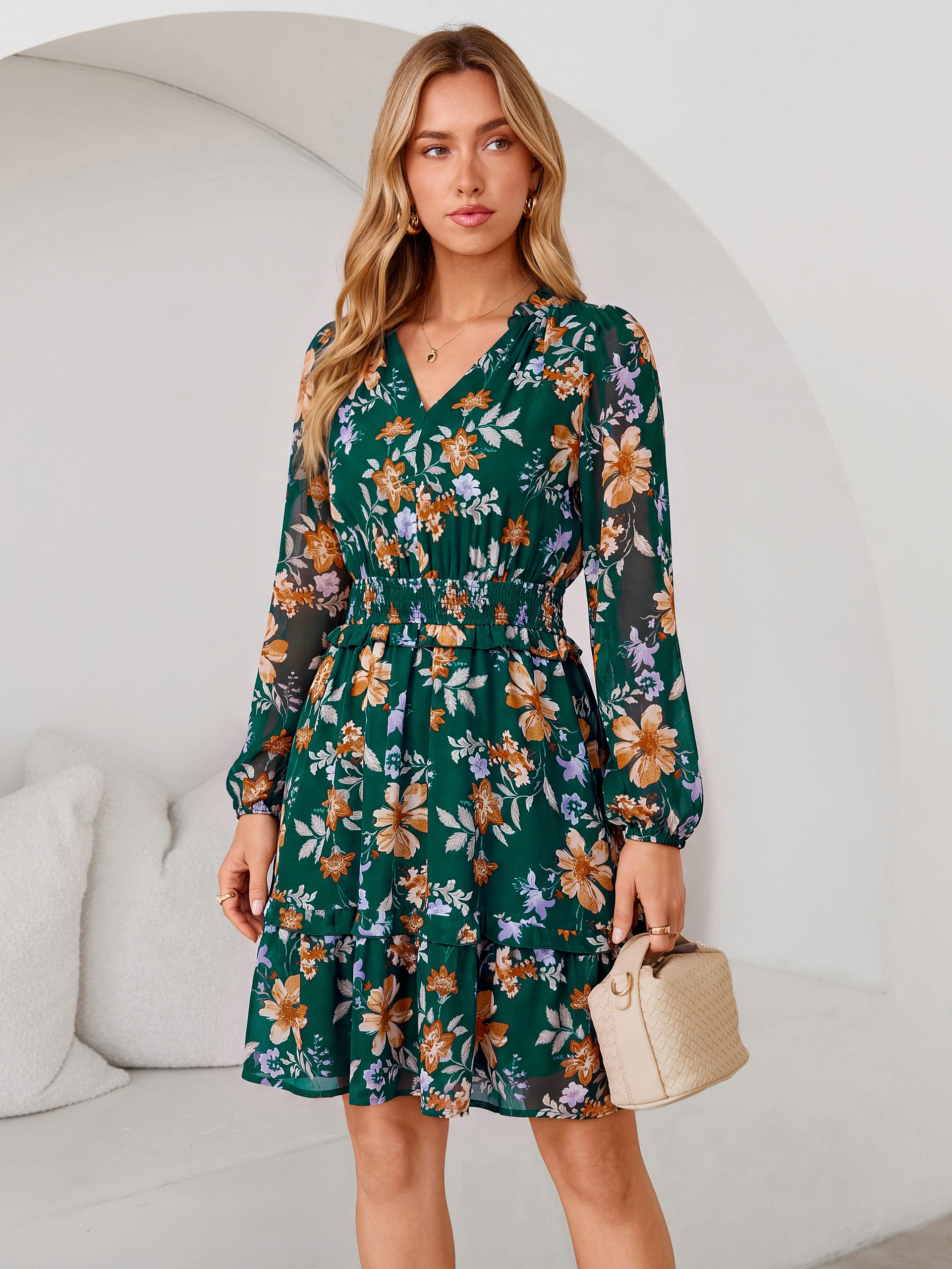 Chiffon Floral Print Long Sleeve Smocked Mini Dress - Green Yellow Floral