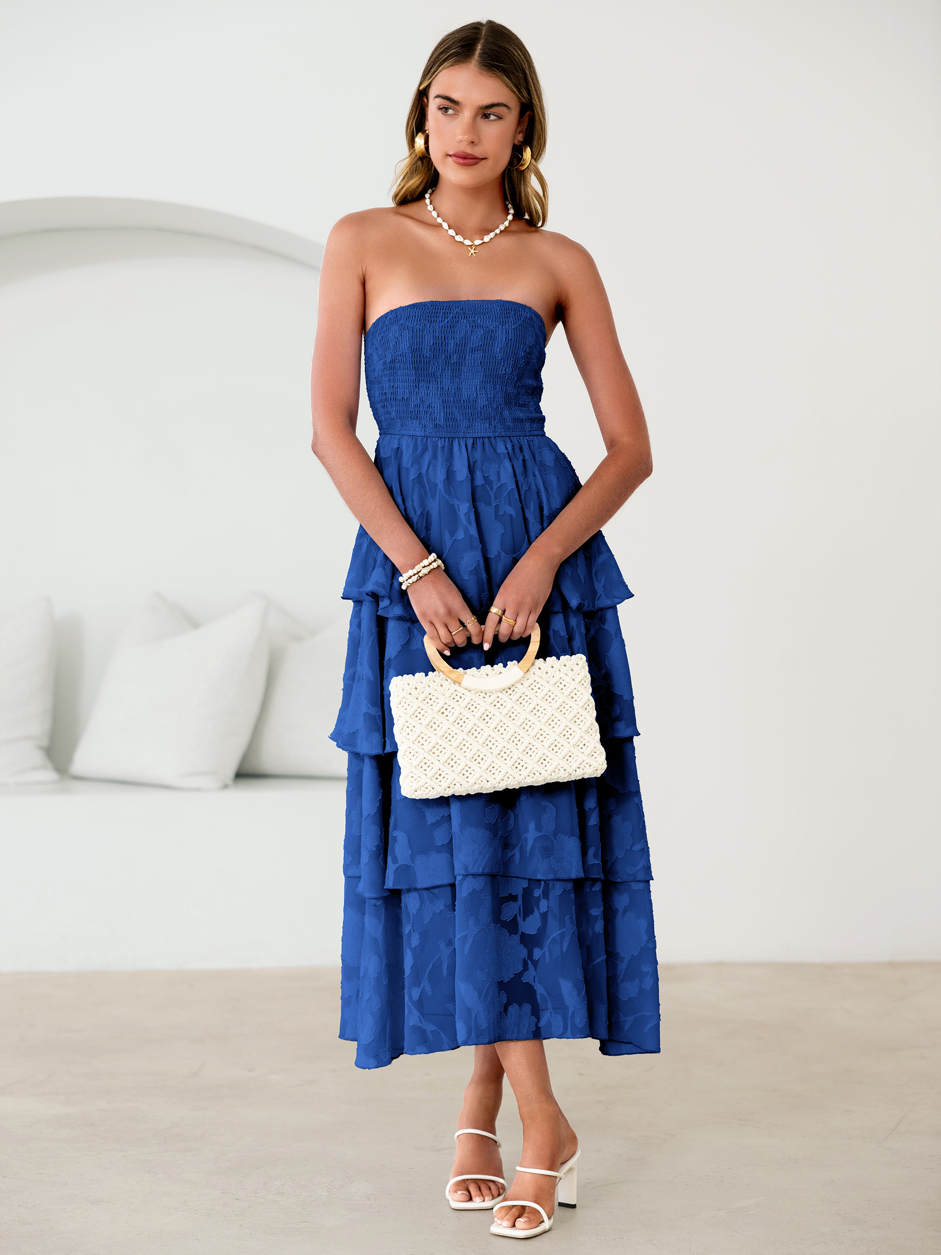 Floral Strapless Smocked Tiered Maxi Dress