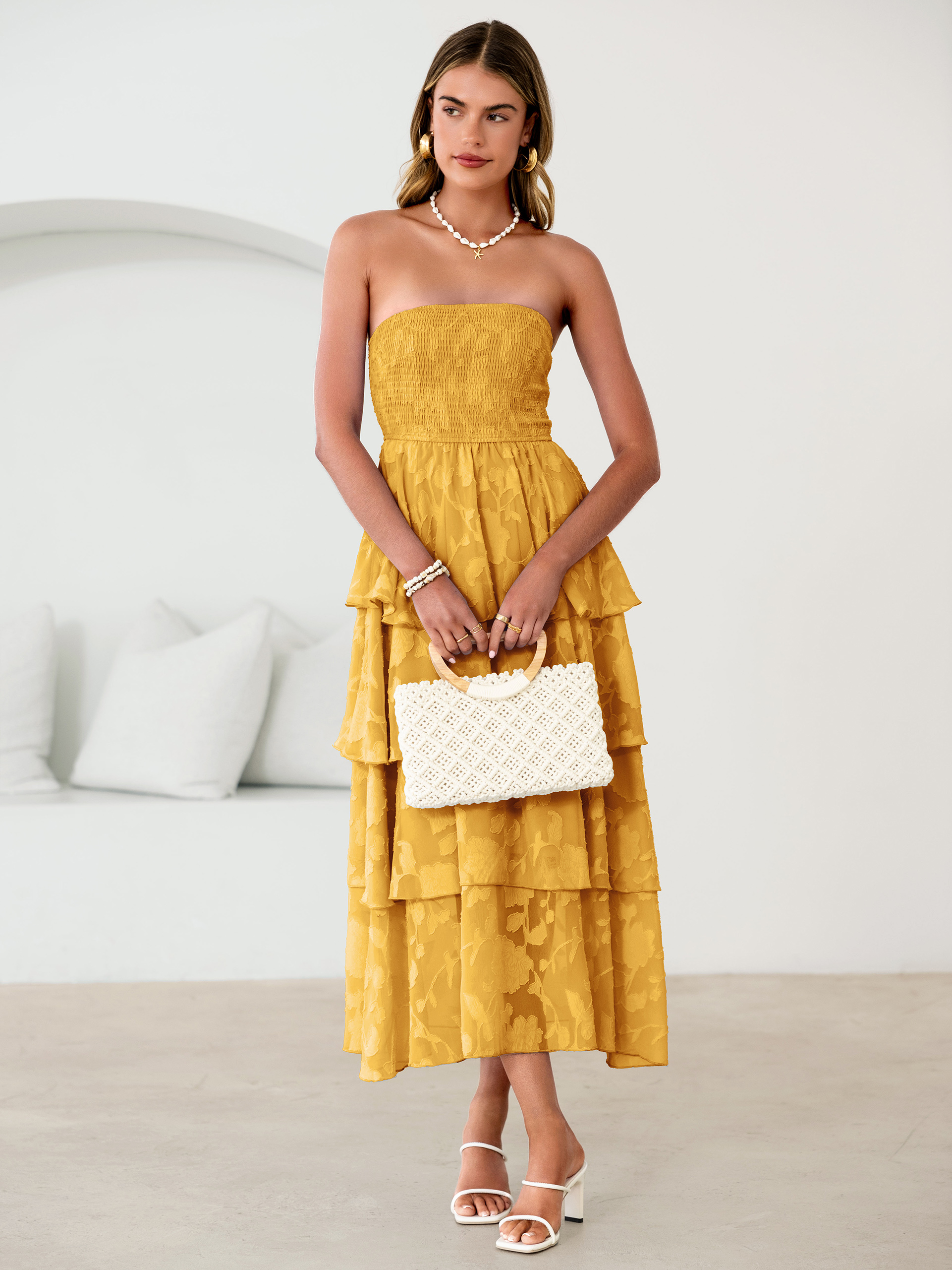 Floral Strapless Smocked Tiered Maxi Dress