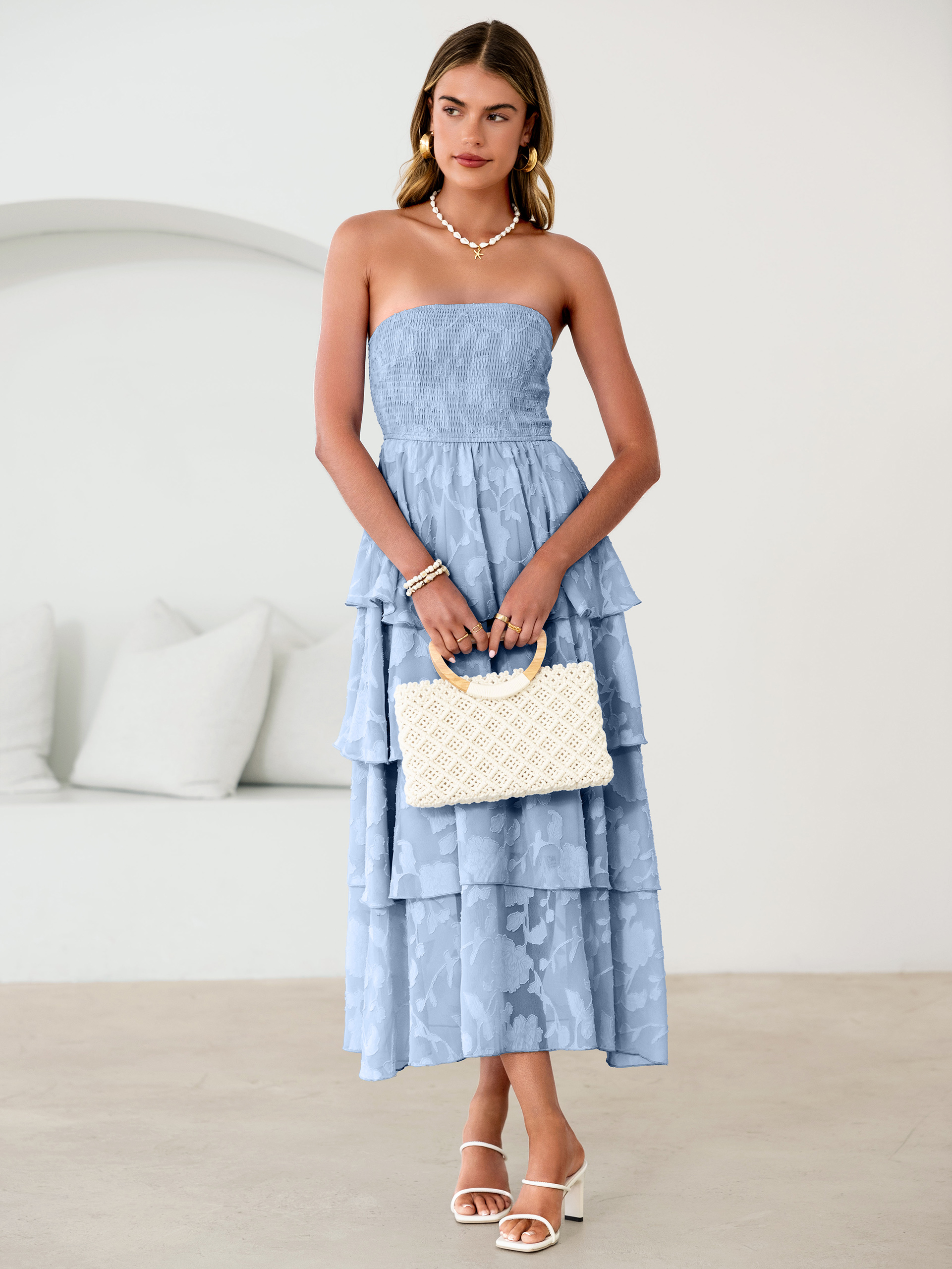 Floral Strapless Smocked Tiered Maxi Dress