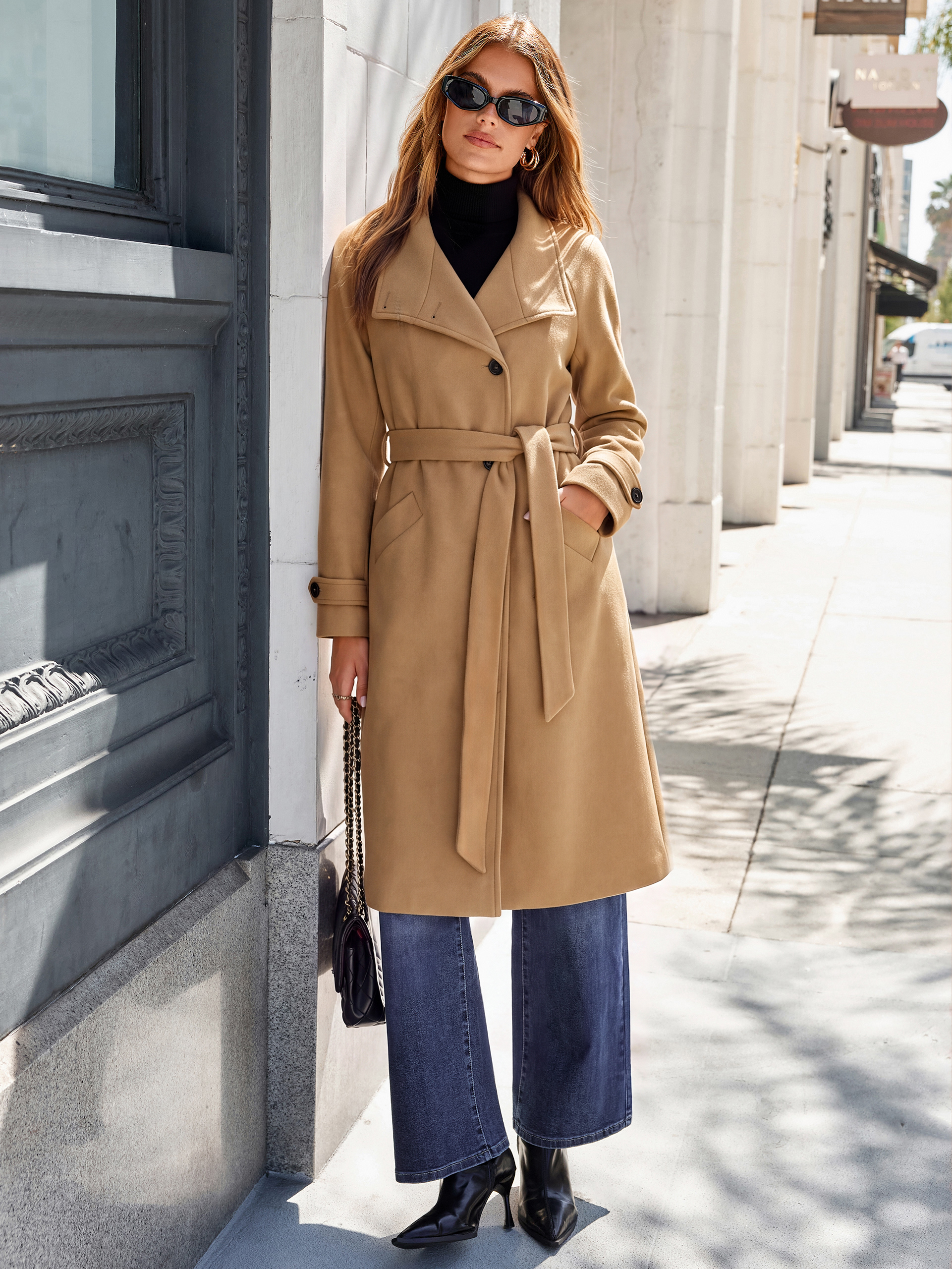 Solid Single Breasted Belted Tweed Long Peacoat