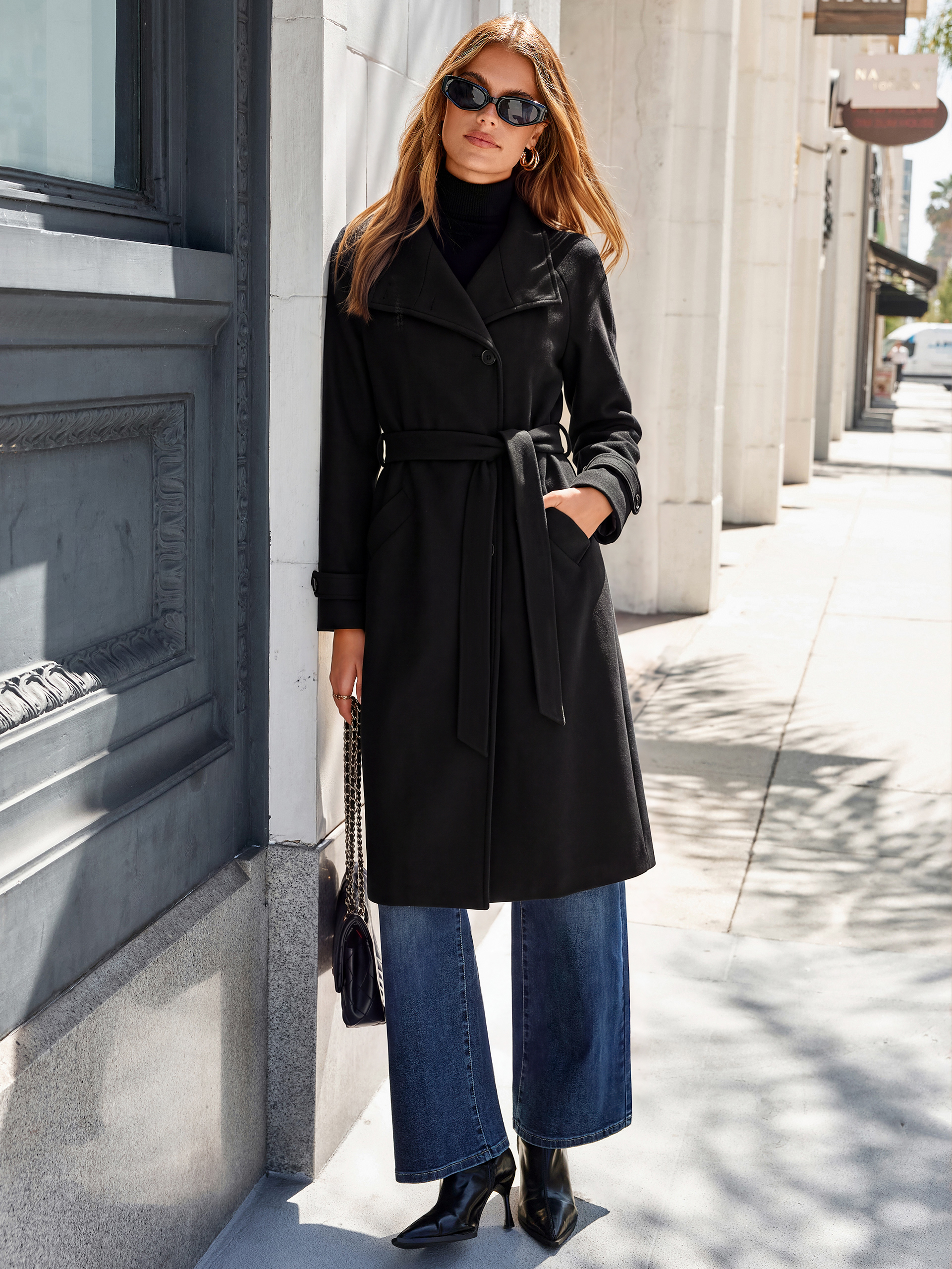 Solid Single Breasted Belted Tweed Long Peacoat