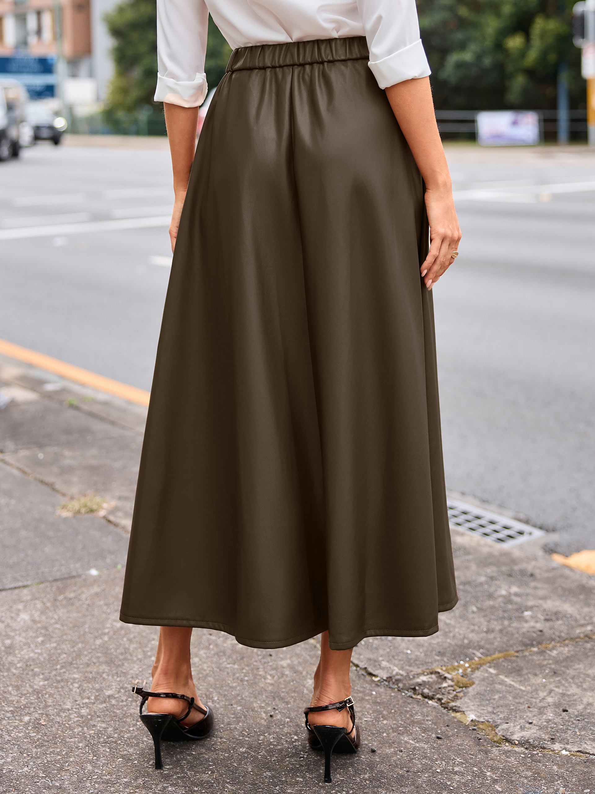 Faux Leather High Waisted A Line Midi Skirt