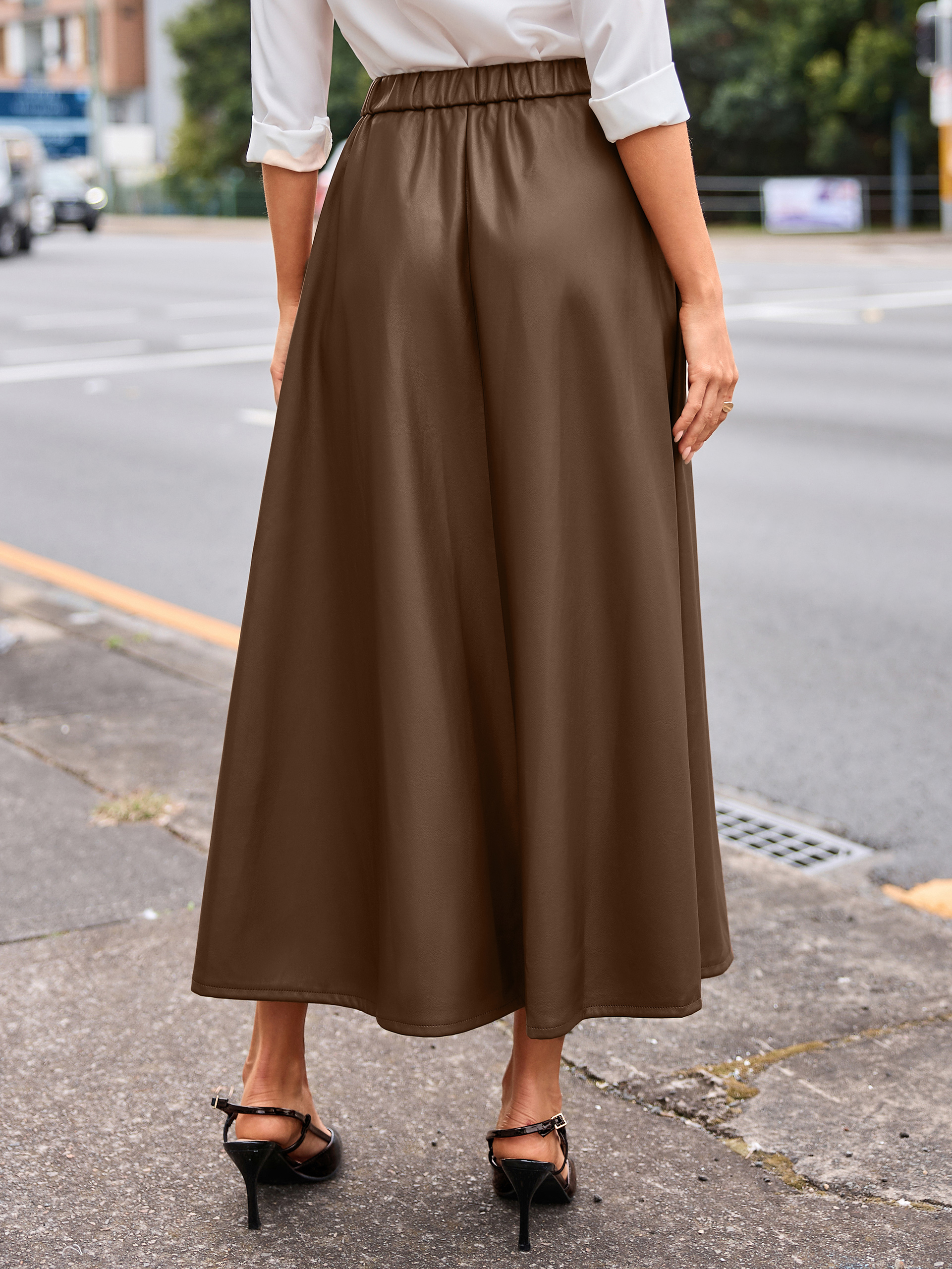 Faux Leather High Waisted A Line Midi Skirt