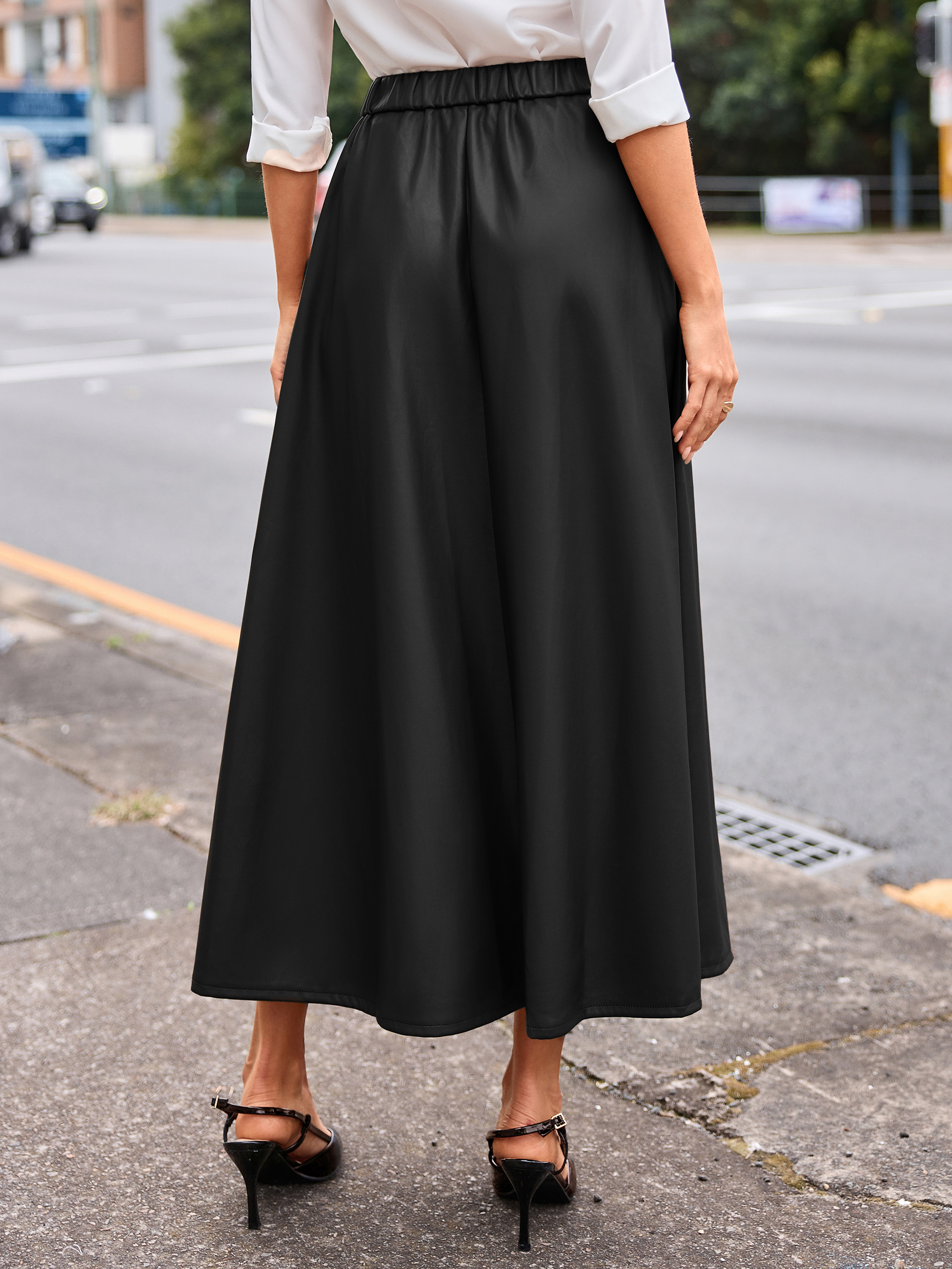 Faux Leather High Waisted A Line Midi Skirt