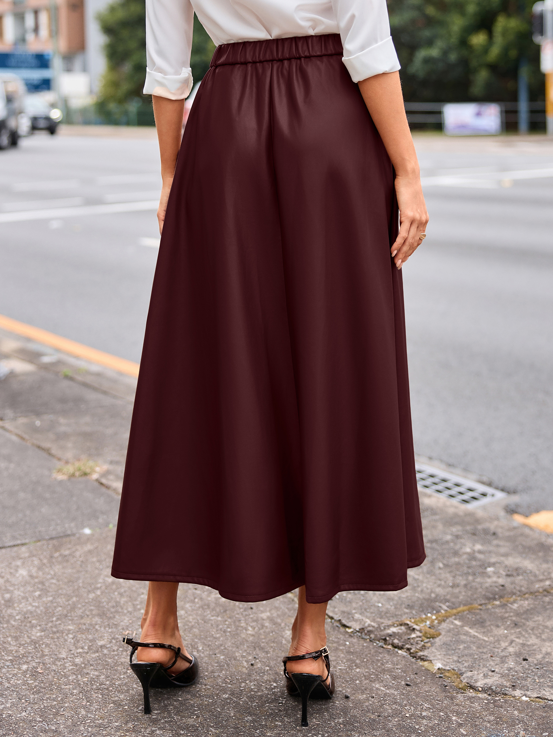 Faux Leather High Waisted A Line Midi Skirt