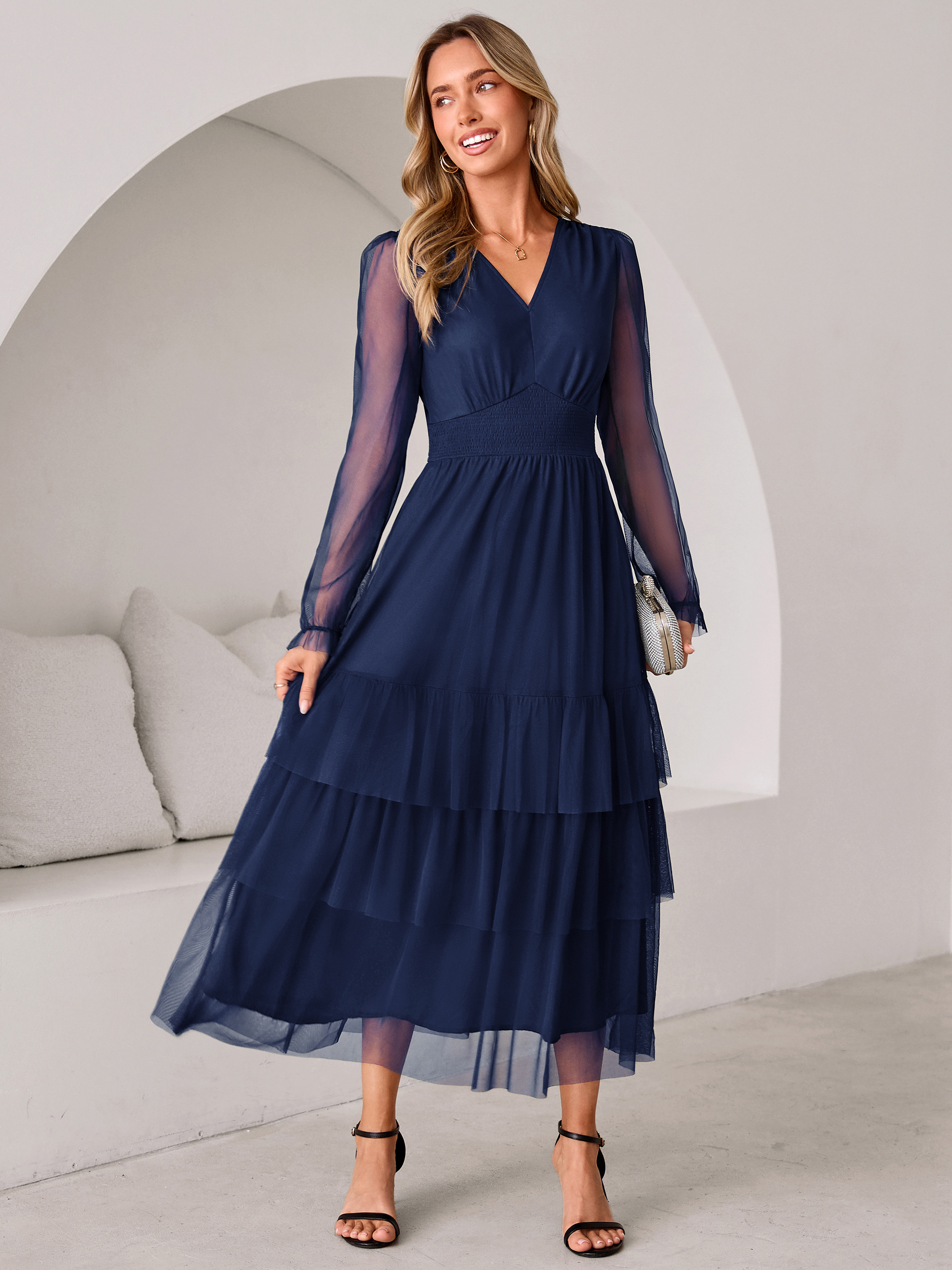 V-Neck Long Puff Sleeve Tiered Tulle Maxi Dress - Navy Blue