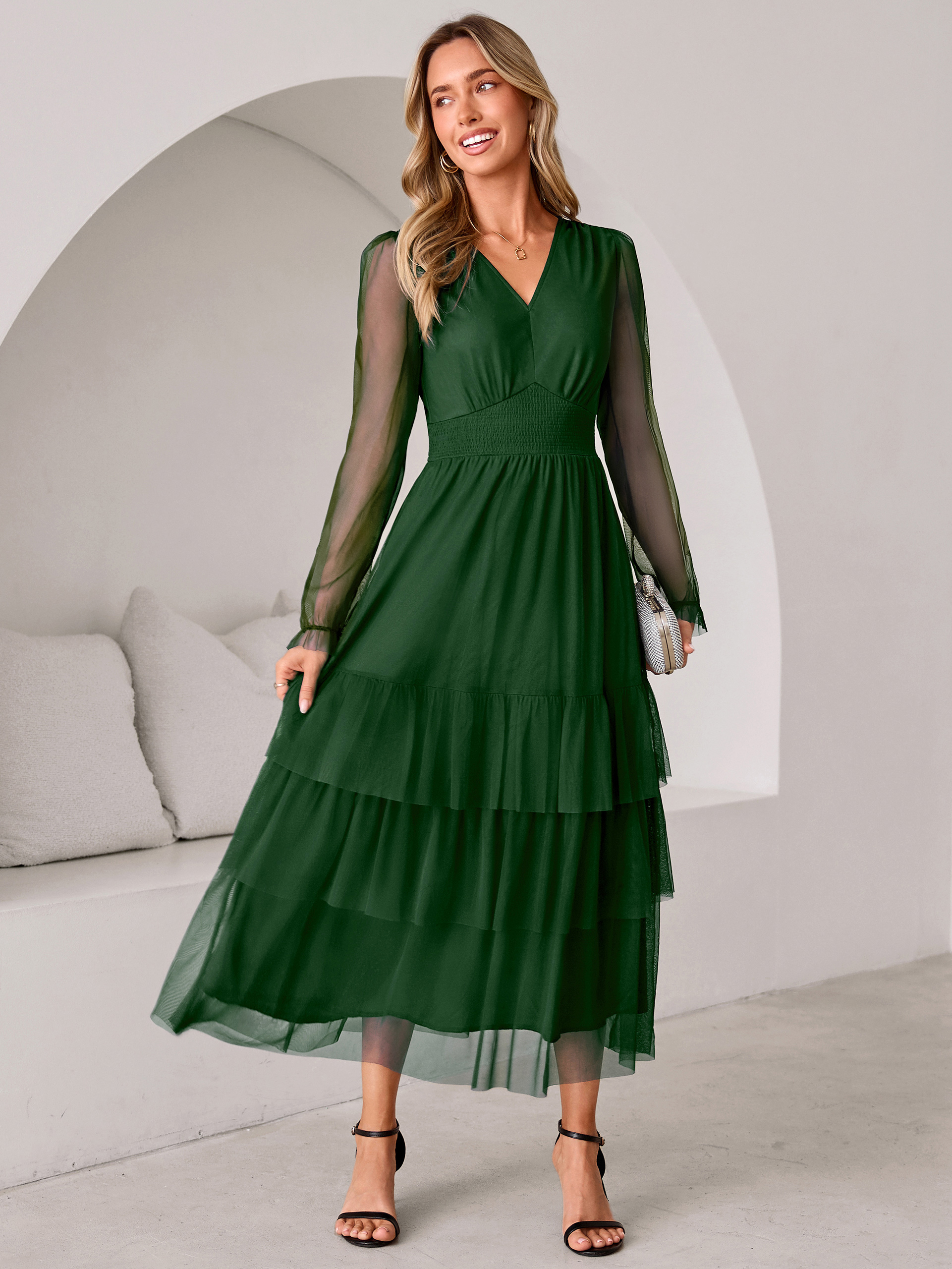 V-Neck Long Puff Sleeve Tiered Tulle Maxi Dress - Dark Green