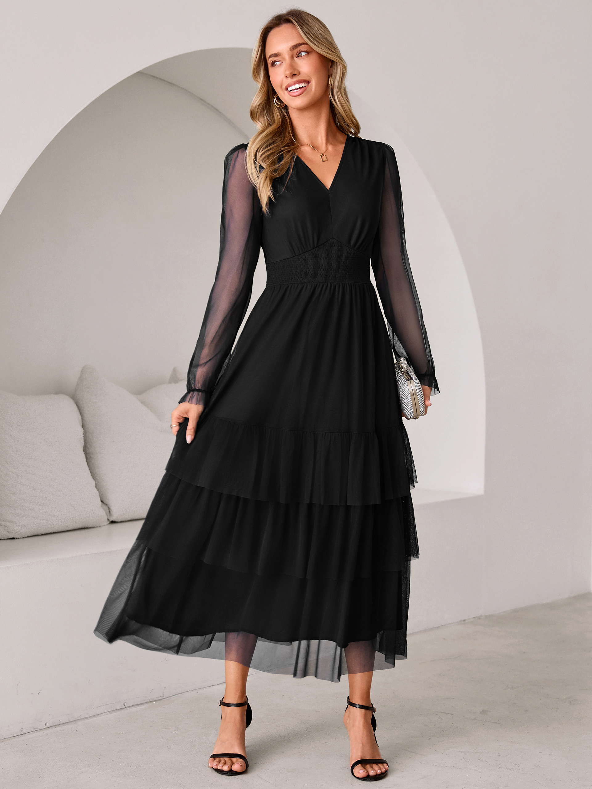 V-Neck Long Puff Sleeve Tiered Tulle Maxi Dress - Black