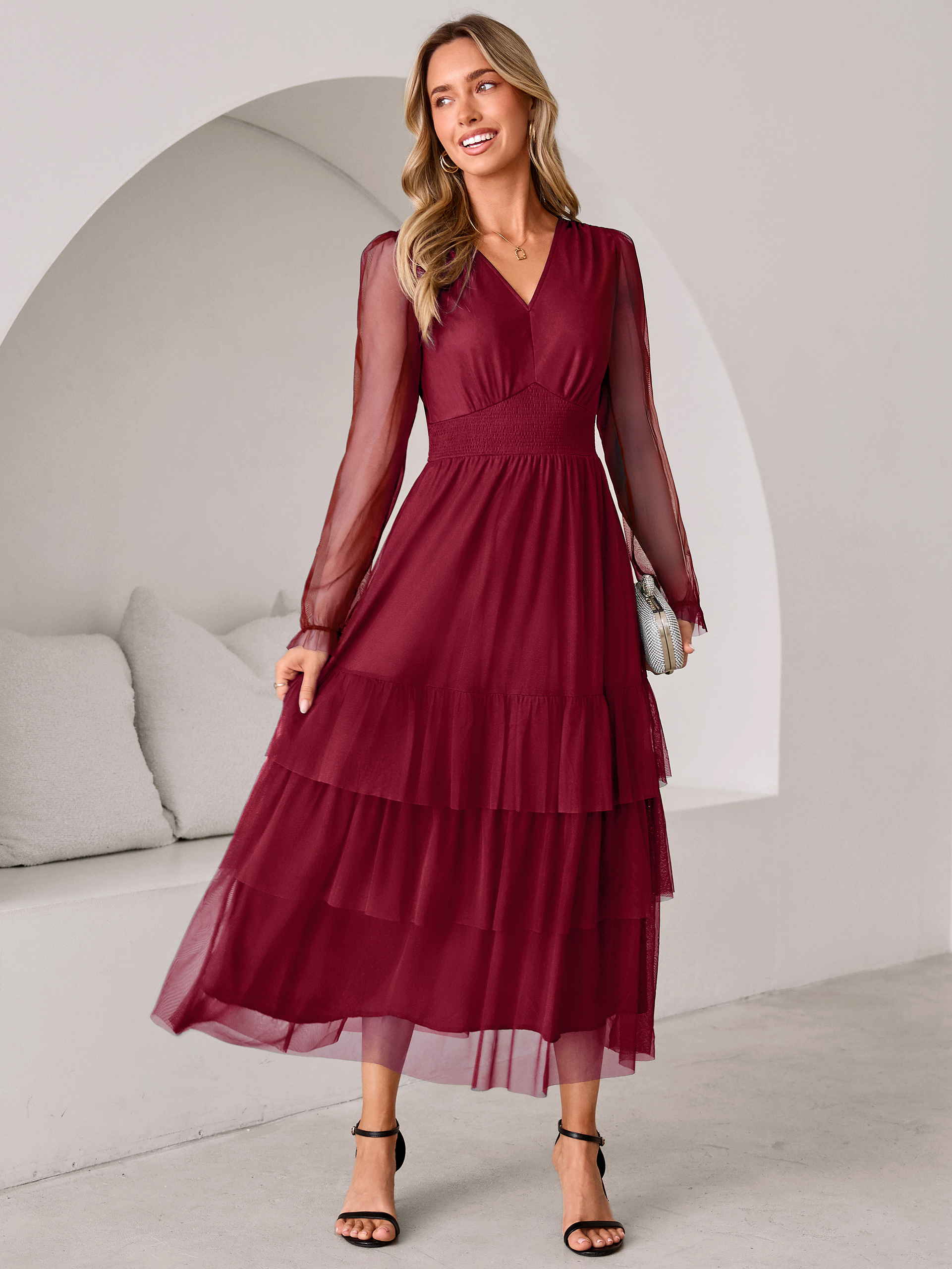 V-Neck Long Puff Sleeve Tiered Tulle Maxi Dress - Wine Red