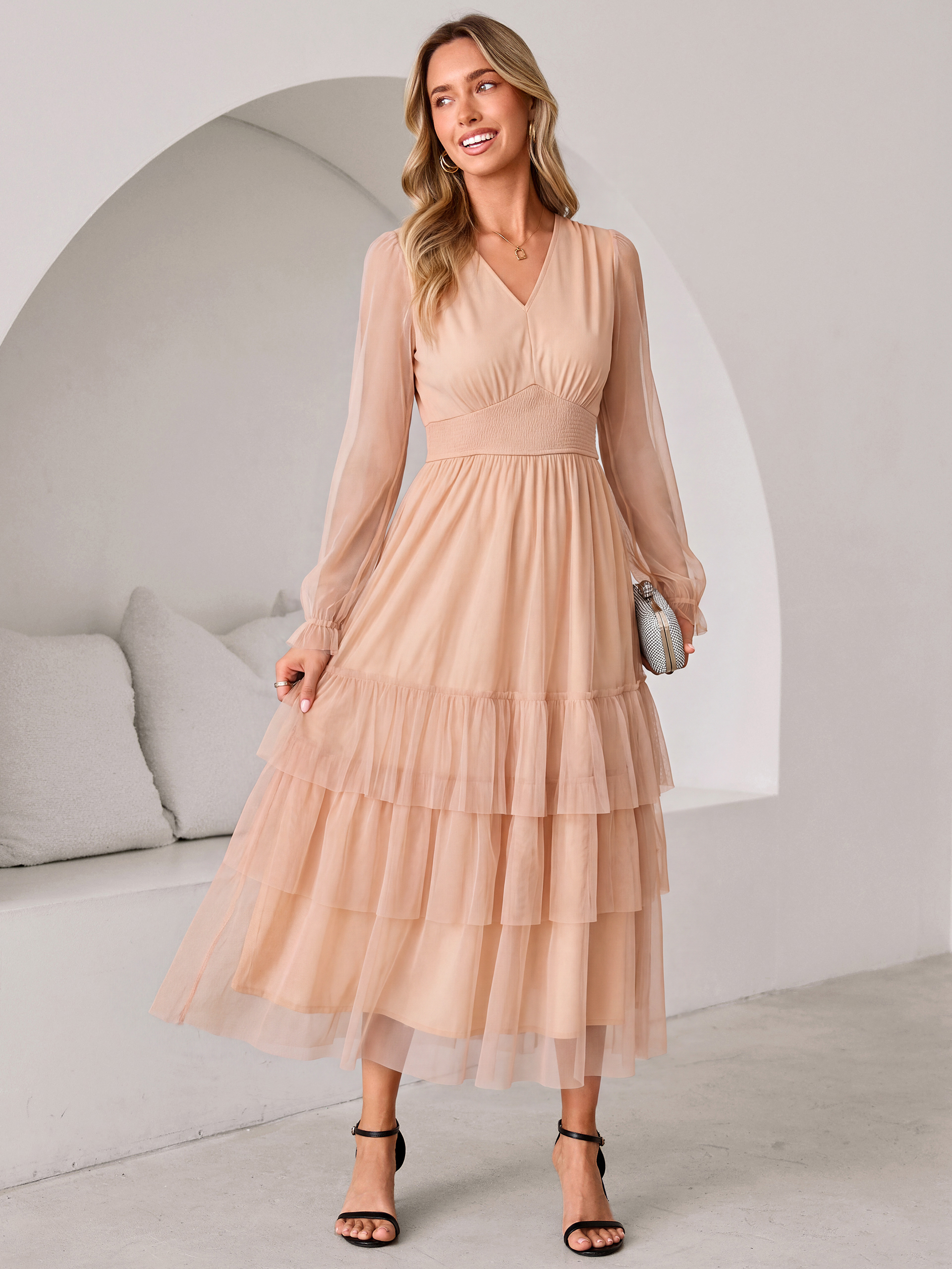 V-Neck Long Puff Sleeve Tiered Tulle Maxi Dress - Apricot