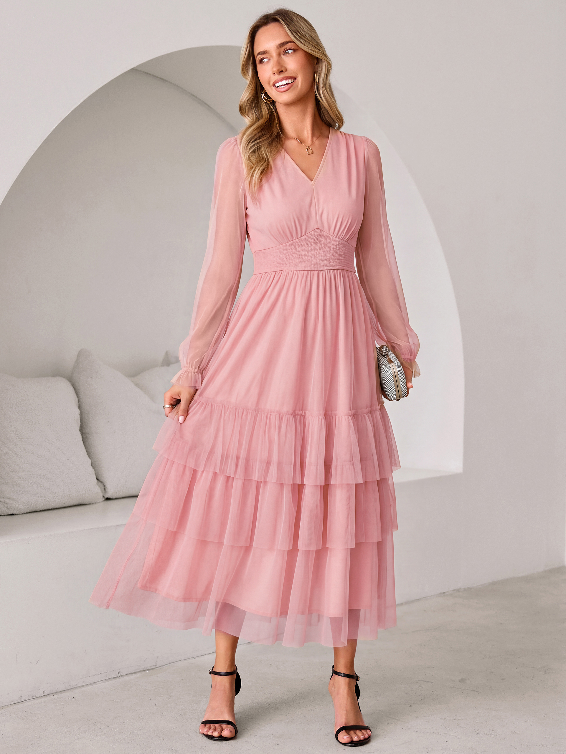 V-Neck Long Puff Sleeve Tiered Tulle Maxi Dress - Pink