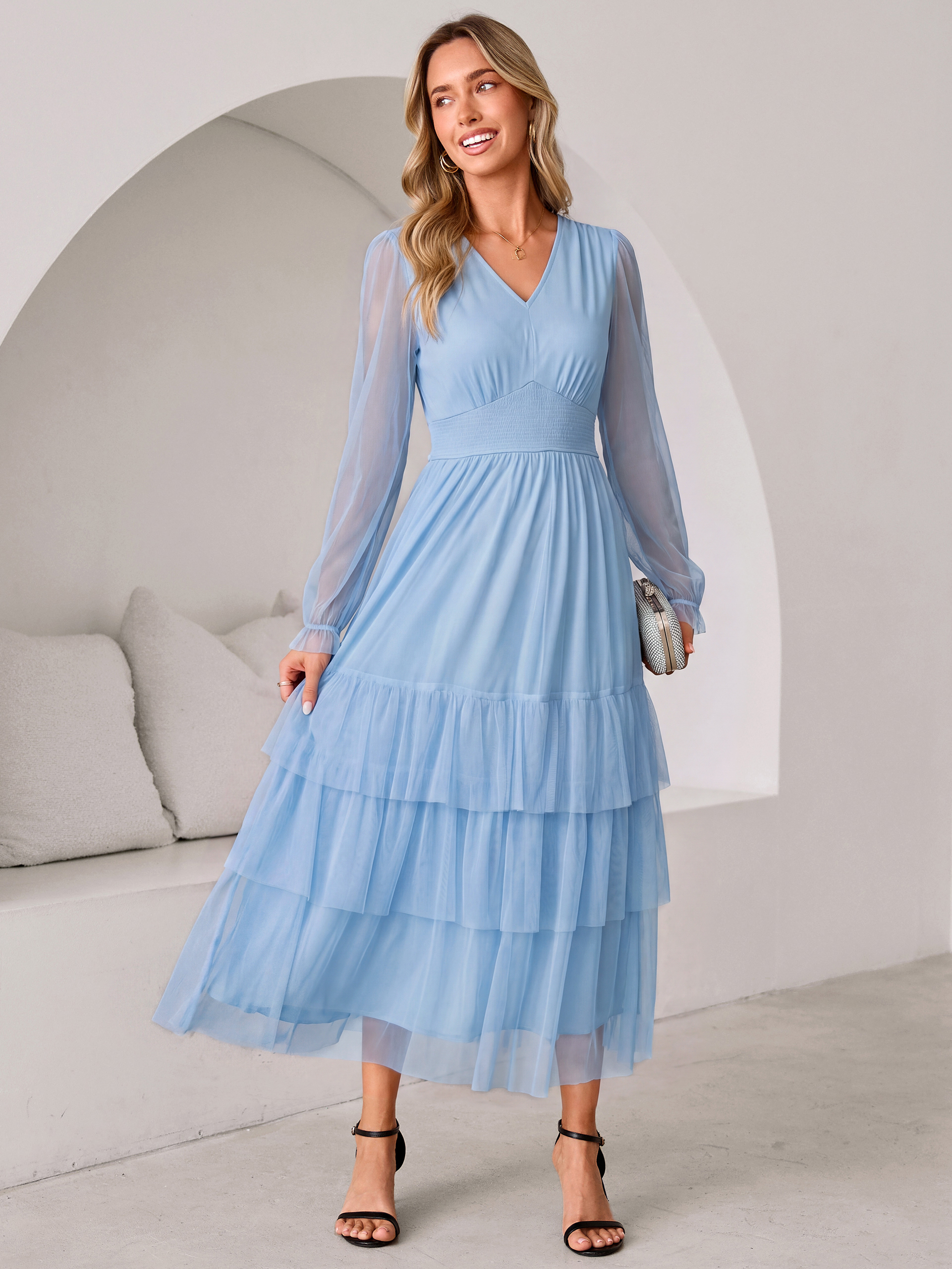 V-Neck Long Puff Sleeve Tiered Tulle Maxi Dress