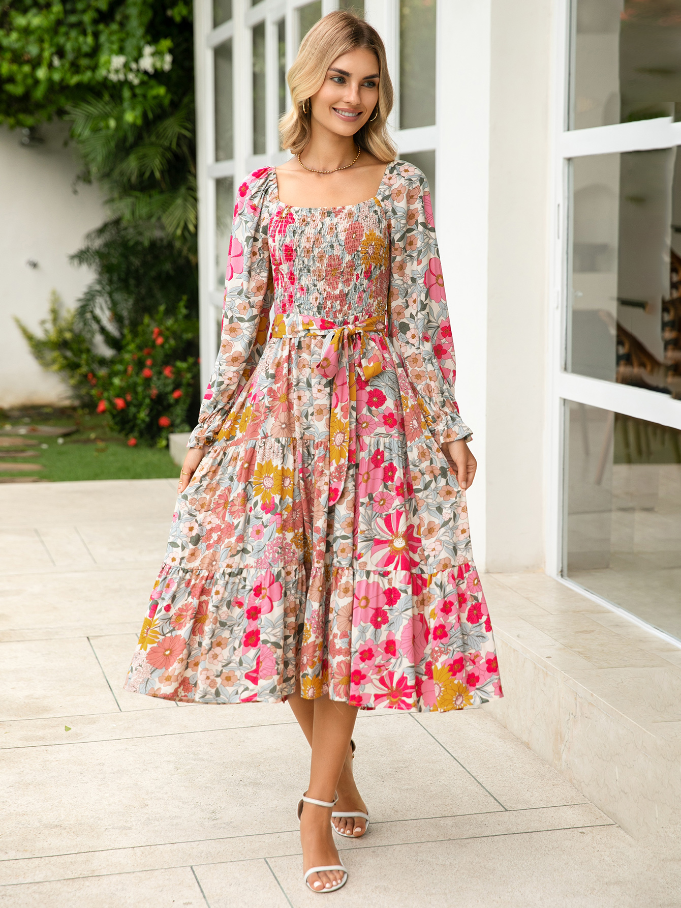 Floral Tiered Puff Sleeve Smocked Maxi Dress