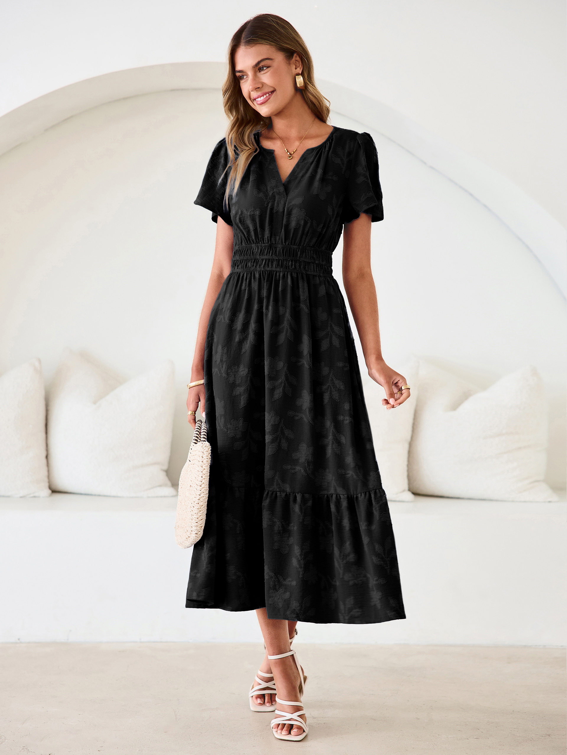 V Neck Burnout Floral Ruffle Maxi Dress - Black