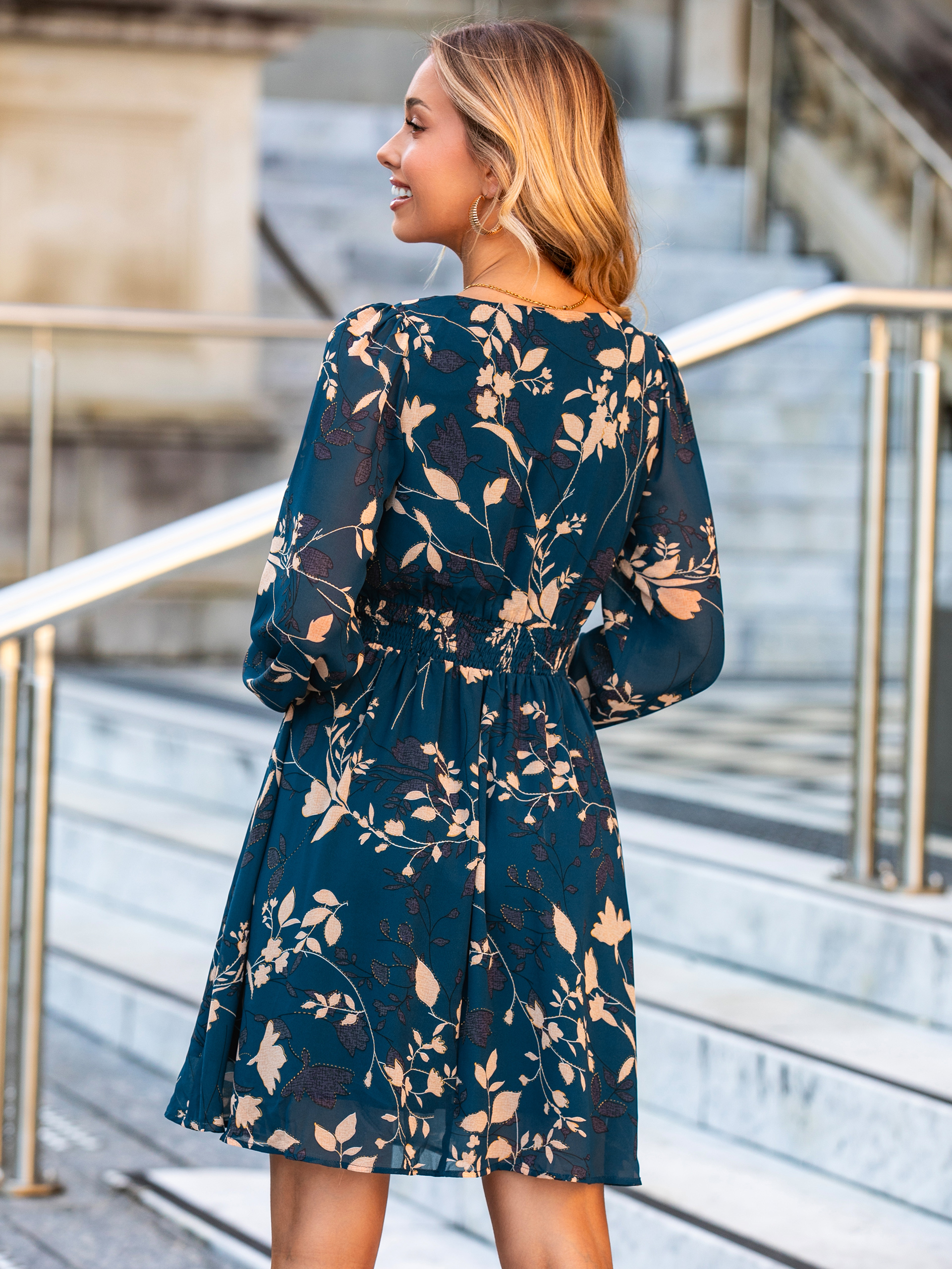 Boho Flowy Floral Chiffon Wedding Guest Mini Dress - Blue Green Floral