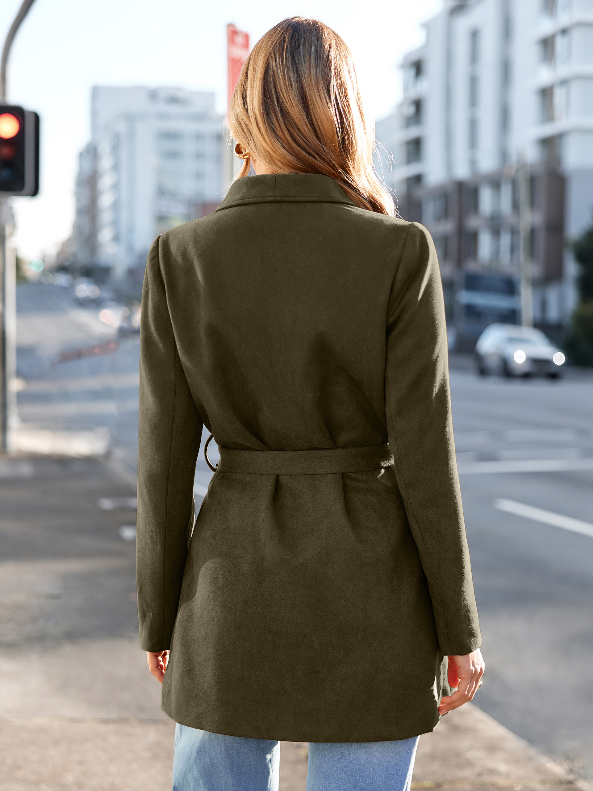 Faux Suede Open-Front Belted Trench Coat