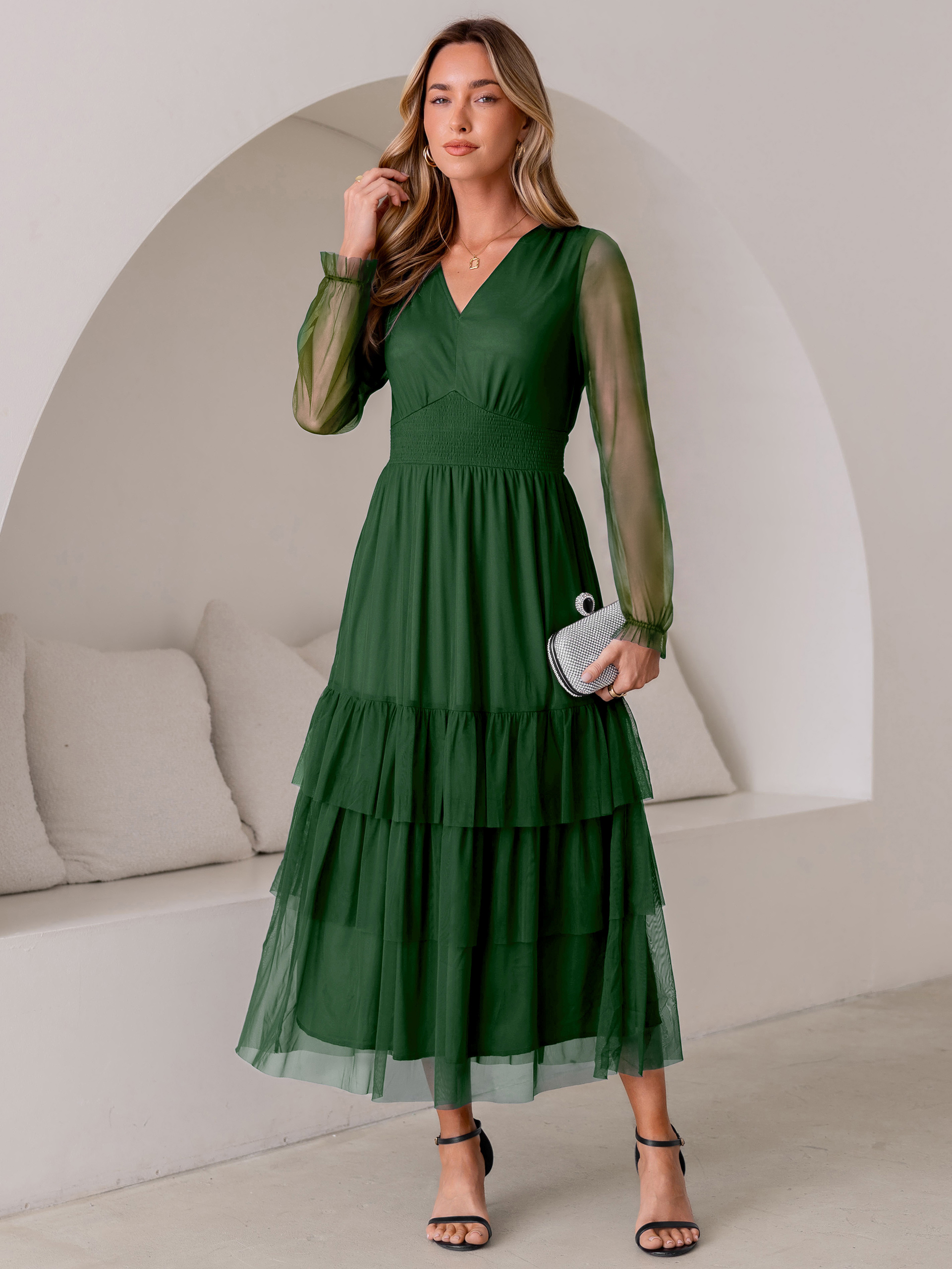 V-Neck Long Puff Sleeve Tiered Tulle Maxi Dress