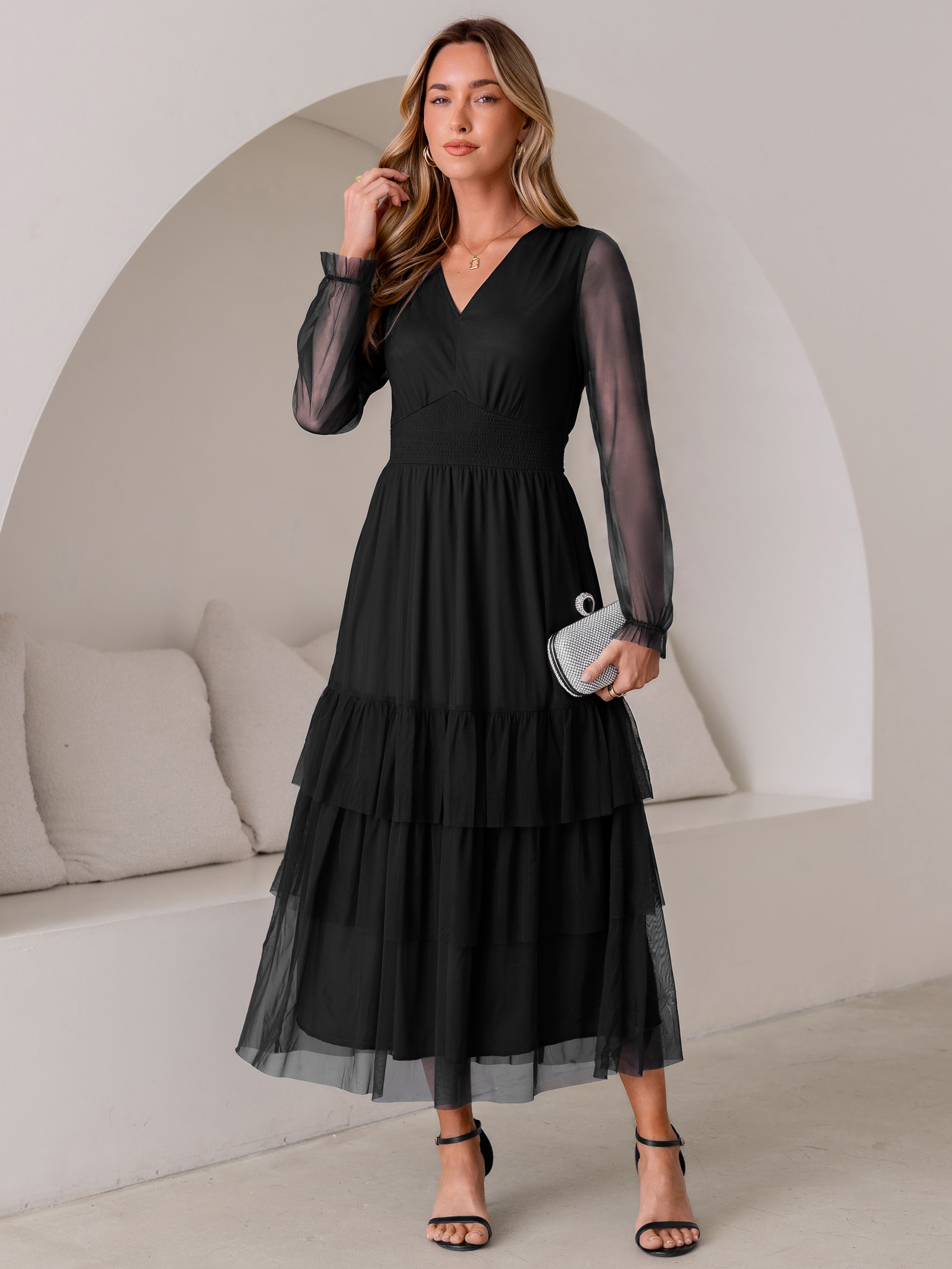 V-Neck Long Puff Sleeve Tiered Tulle Maxi Dress