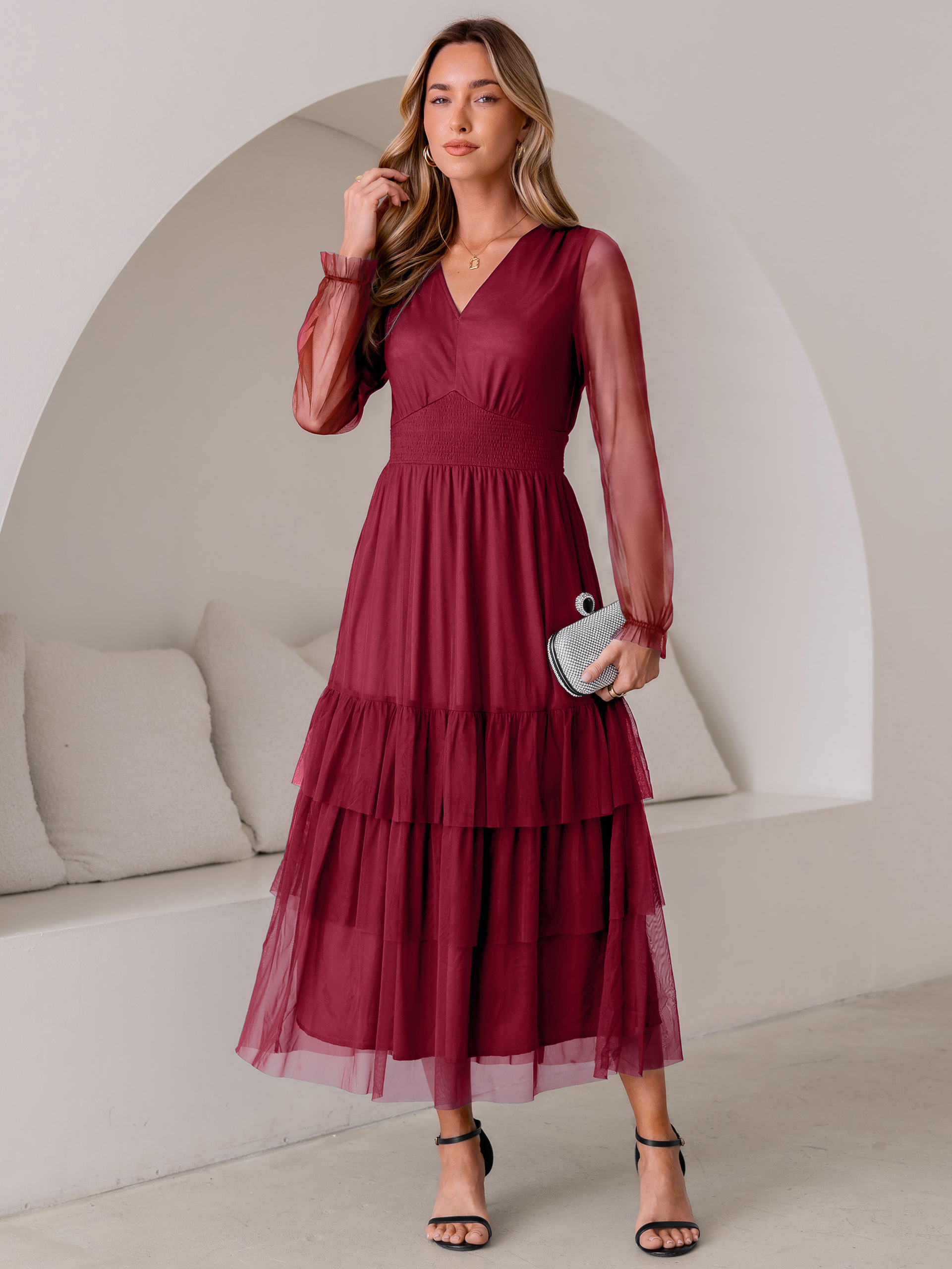 V-Neck Long Puff Sleeve Tiered Tulle Maxi Dress
