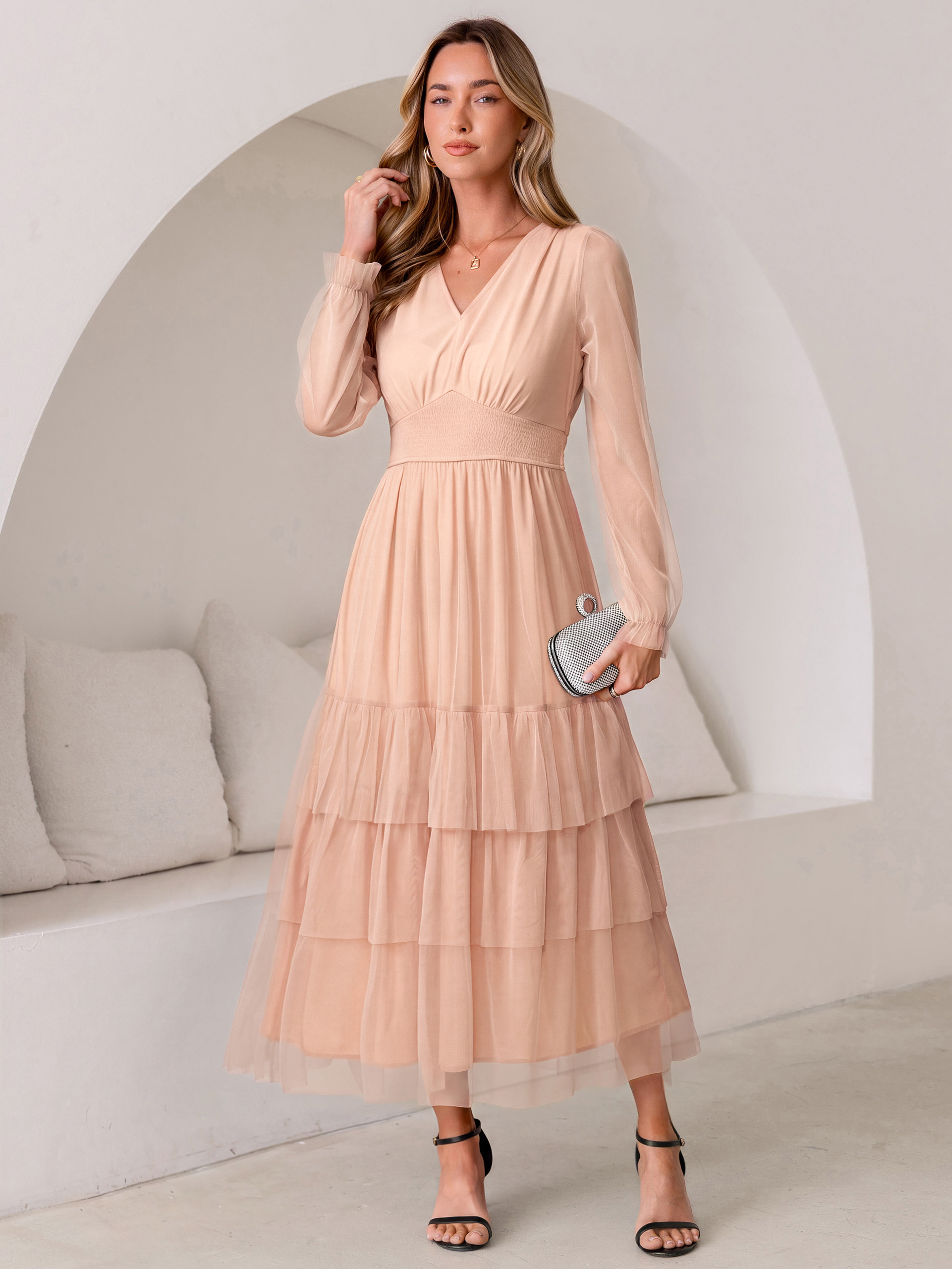V-Neck Long Puff Sleeve Tiered Tulle Maxi Dress