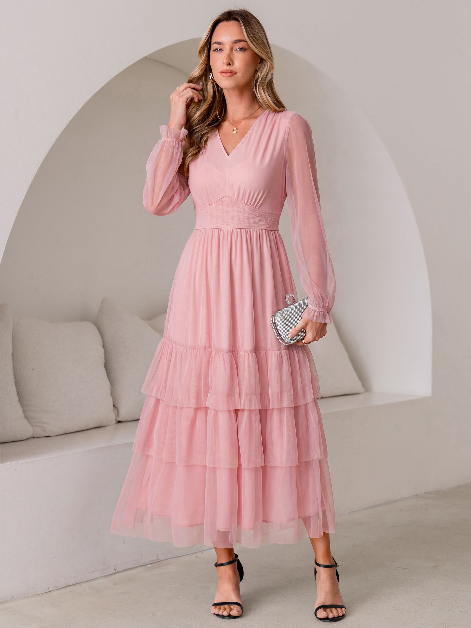 V-Neck Long Puff Sleeve Tiered Tulle Maxi Dress