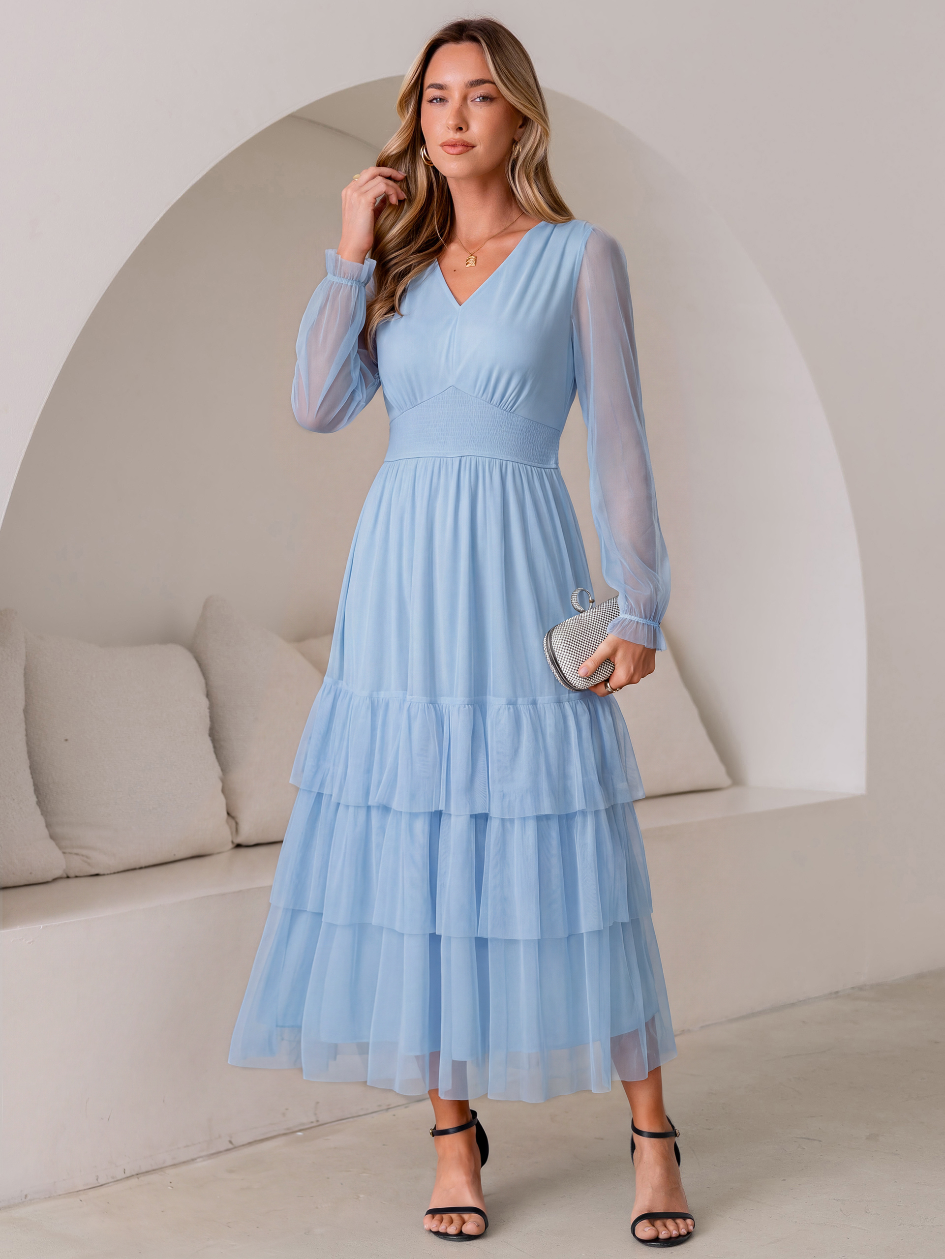 V-Neck Long Puff Sleeve Tiered Tulle Maxi Dress