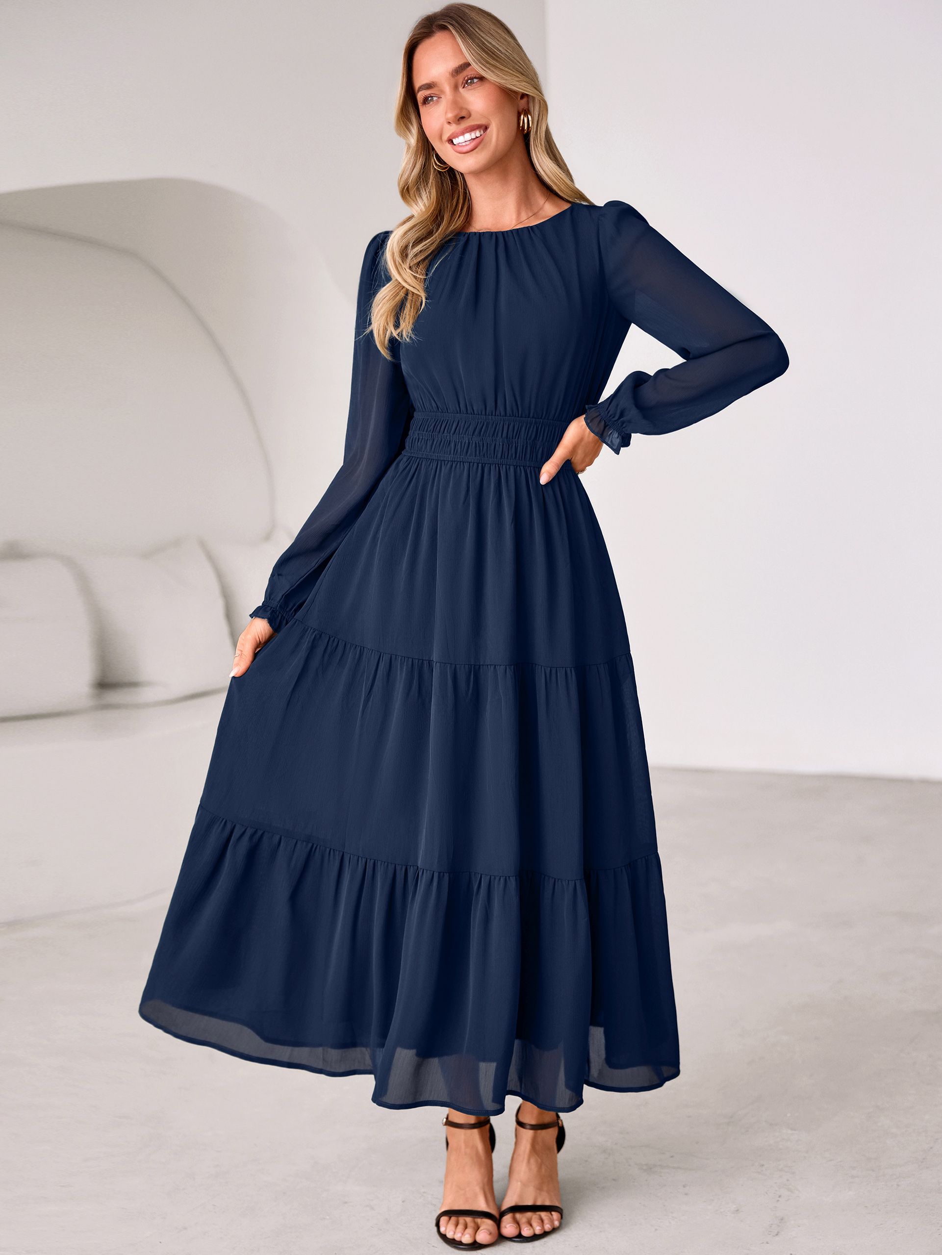 Crewneck Long Sleeve Tiered Chiffon Maxi Dress - Navy Blue
