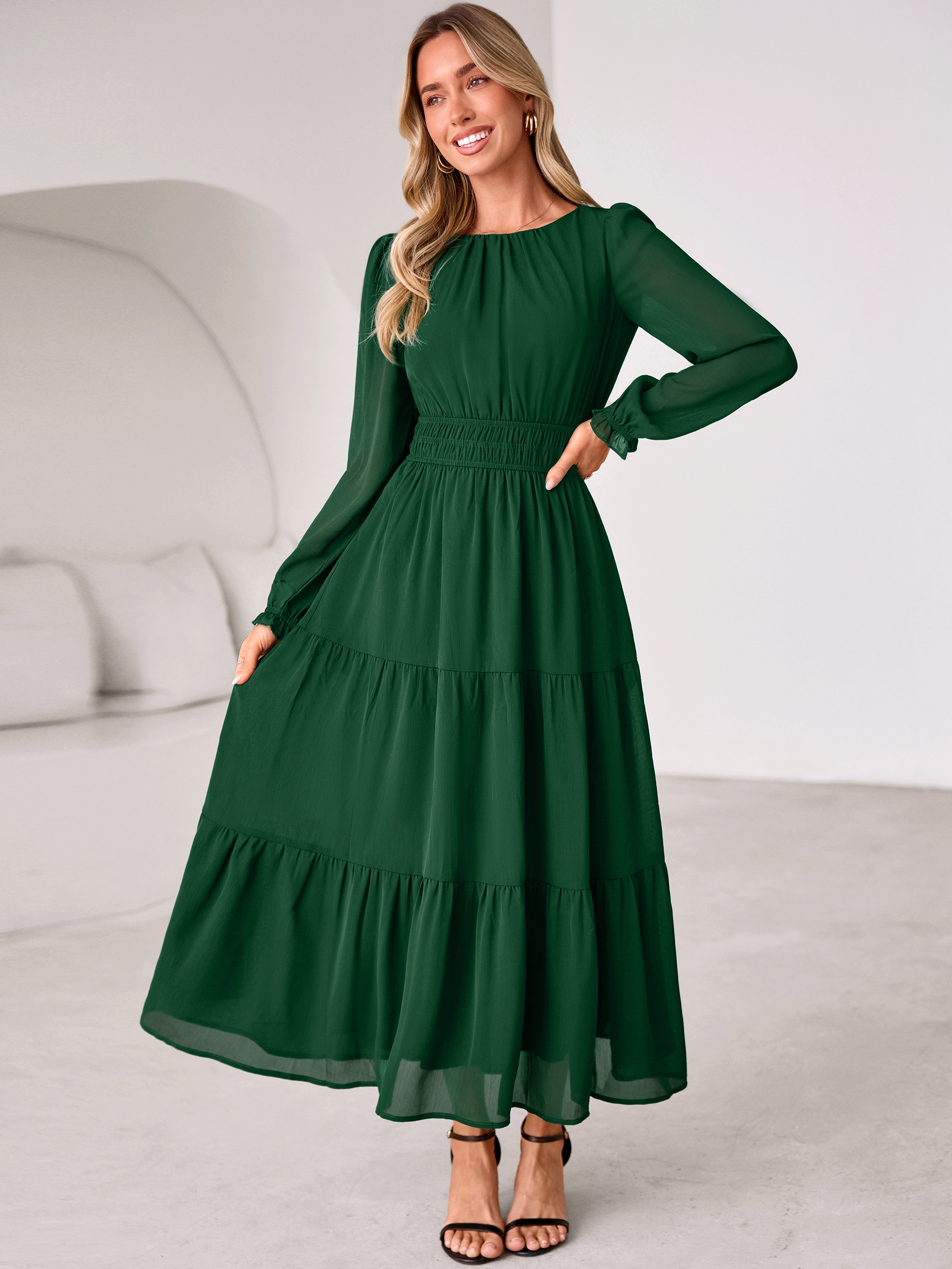 Crewneck Long Sleeve Tiered Chiffon Maxi Dress - Dark Green